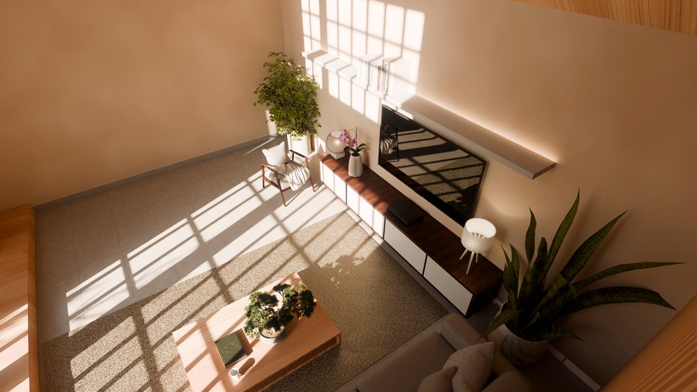 Living room interior illuminated by natural sunlight with window