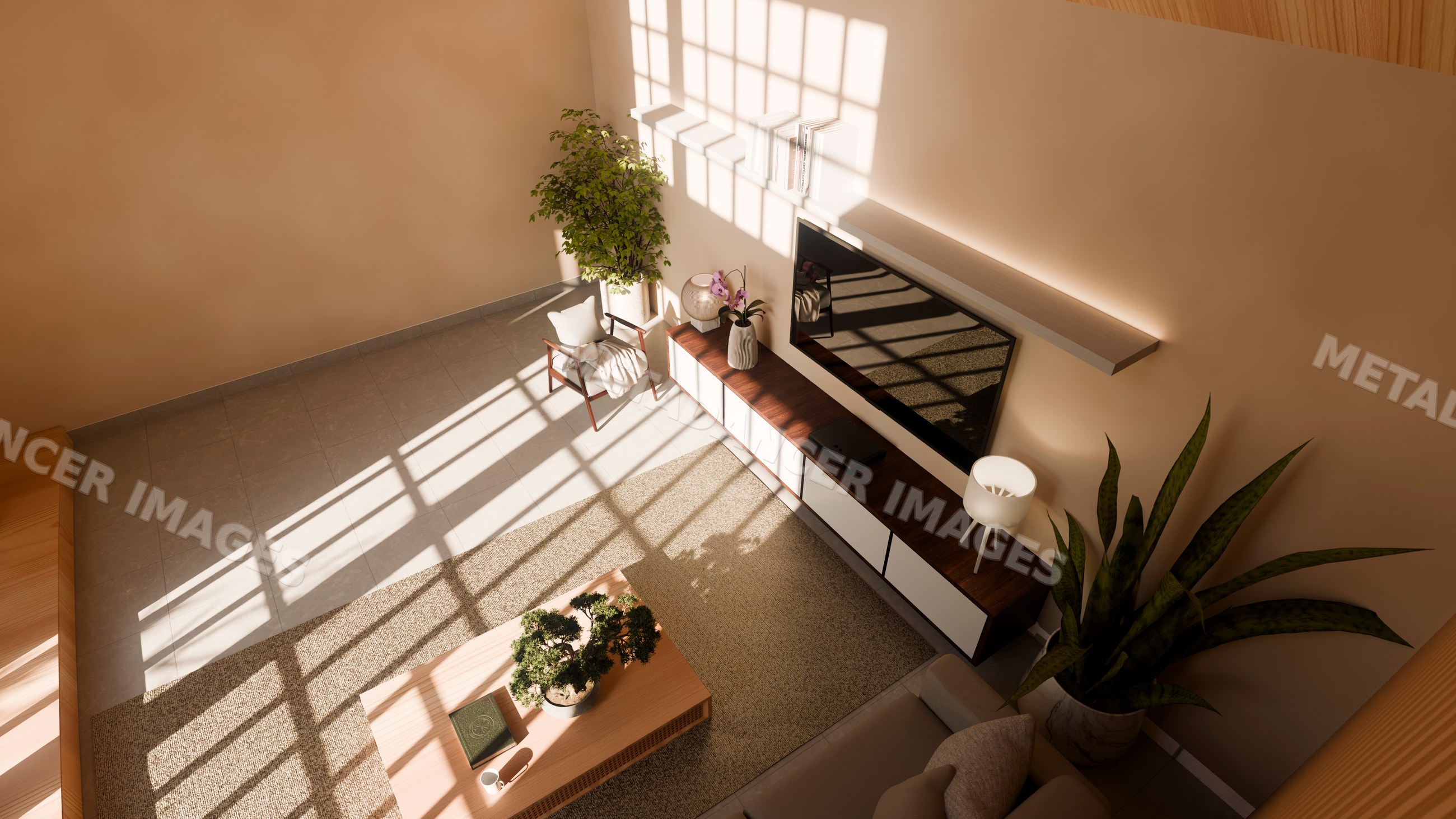 Living room interior illuminated by natural sunlight with window