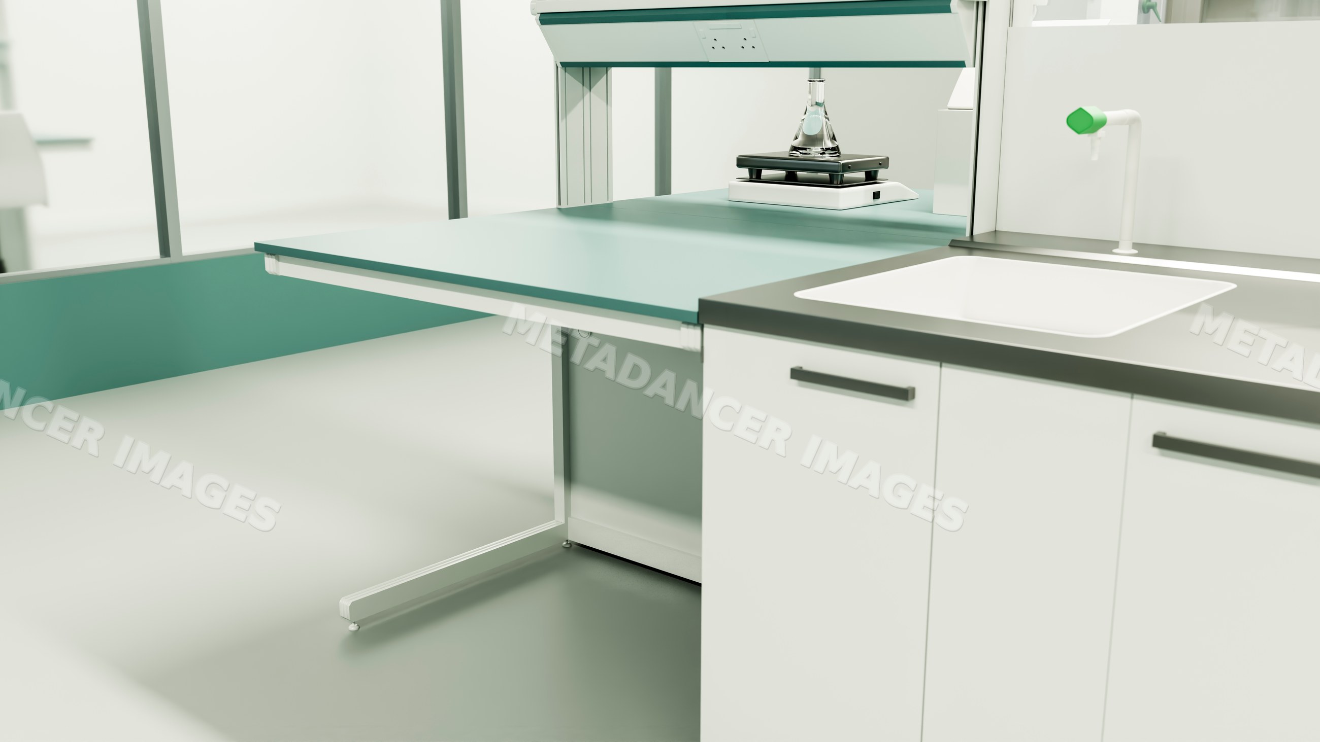 Laboratory bench with flask on shaker and sink in research setting