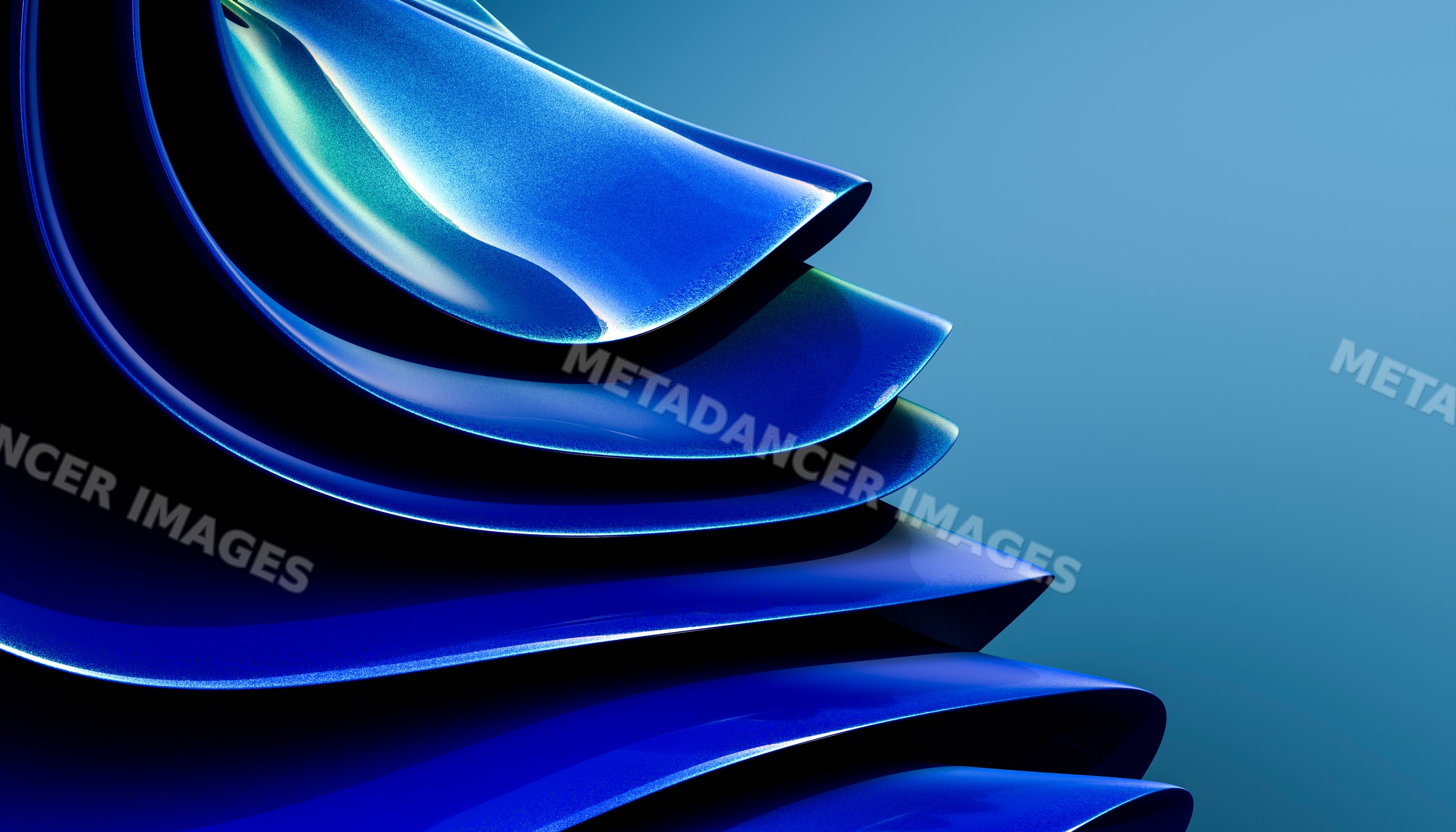 Abstract blue layered curved shapes with smooth shiny surfaces