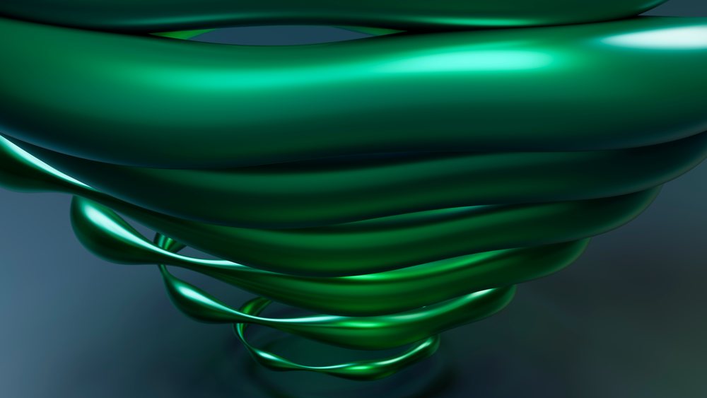 Abstract green twisted 3d shape with smooth curves on dark background
