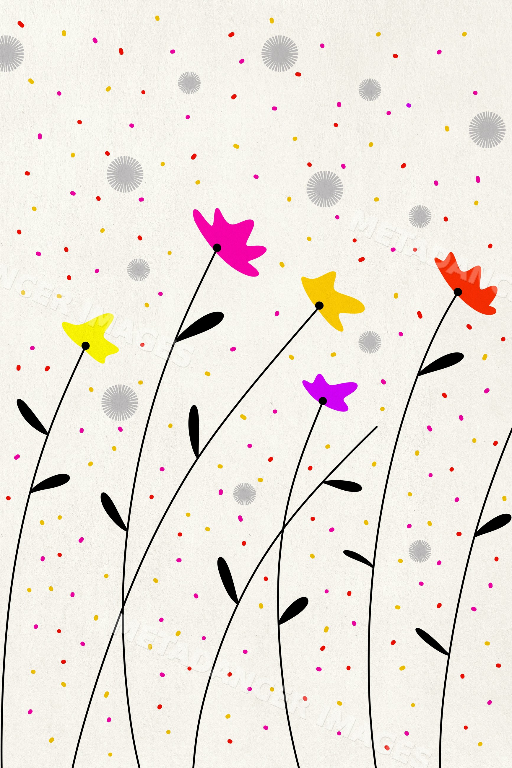 Abstract colorful flowers with Black stems on confetti background