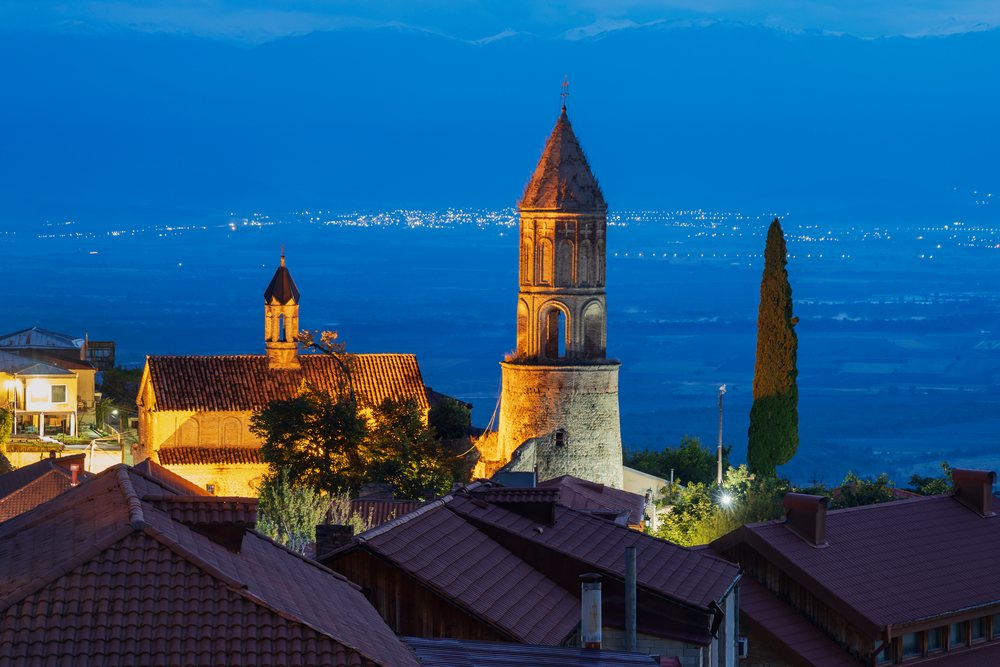 St George's Church in sighnaghi at dawn with mountain backdrop