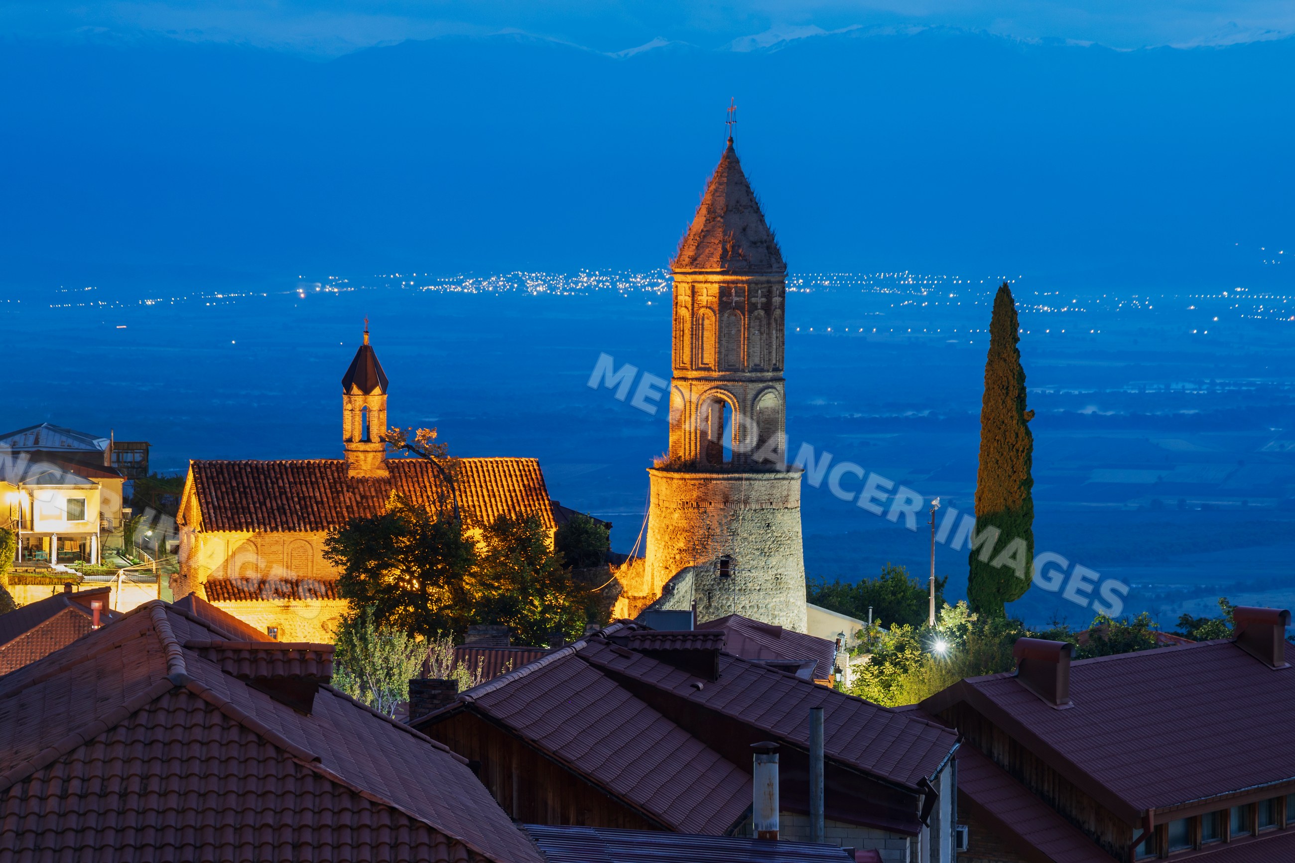 St George's Church in sighnaghi at dawn with mountain backdrop