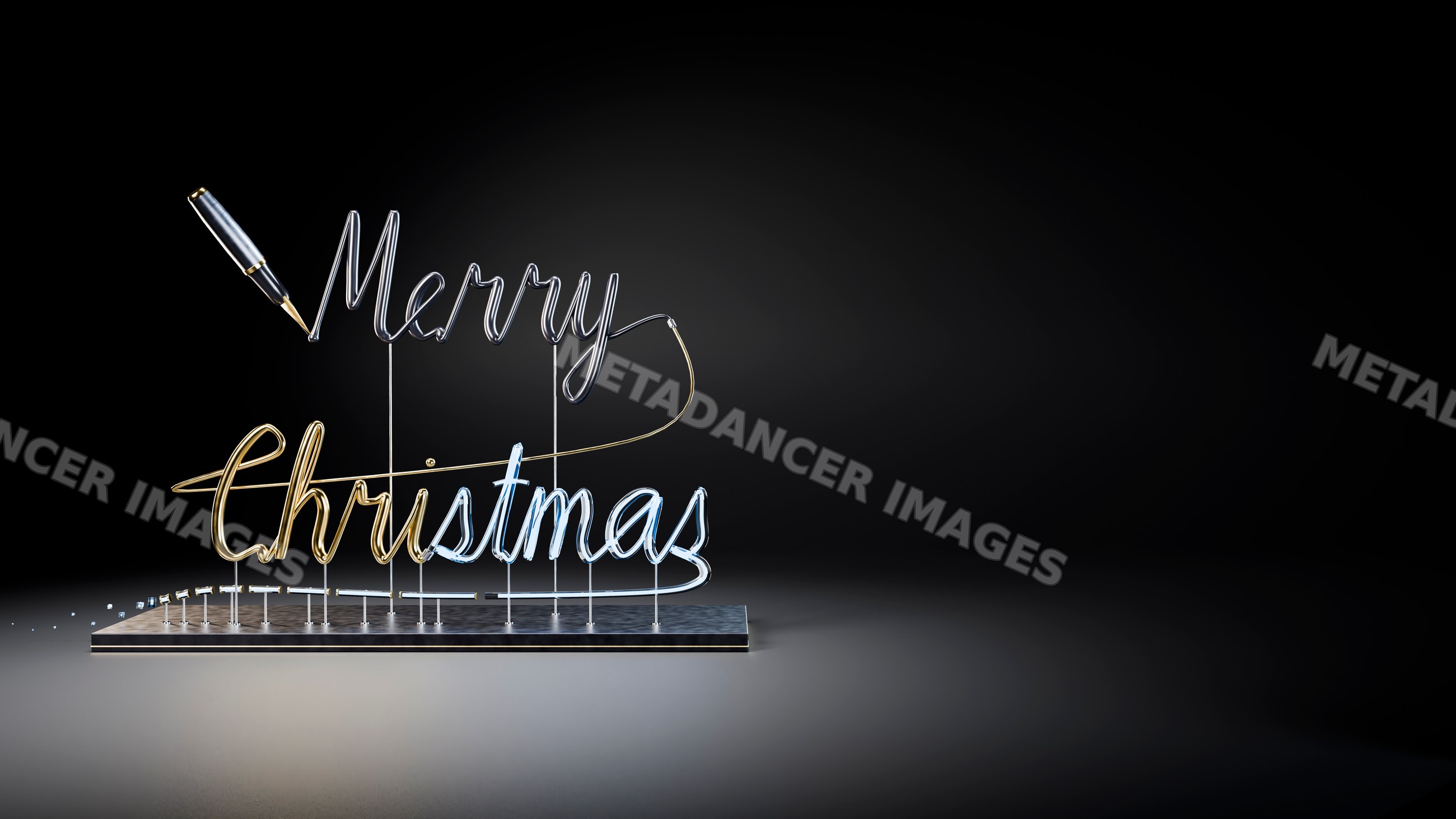 Merry christmas neon script sign with pen tip on black background