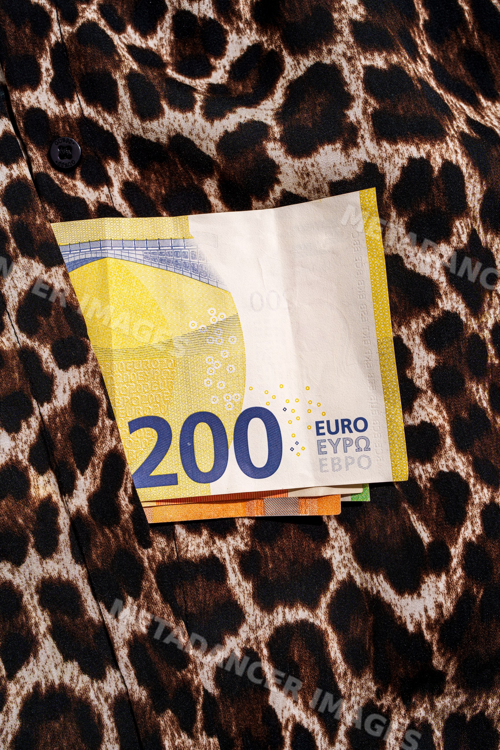 200 euro banknotes tucked into pocket of leopard print fabric garment