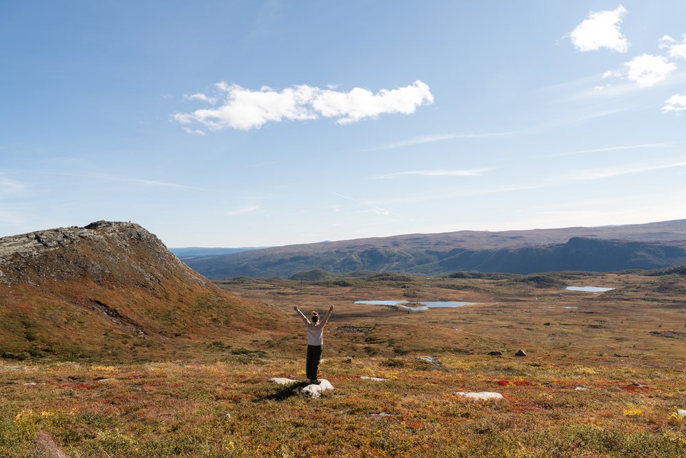 Person standing on rock viewing scenic mountain valley and lakes