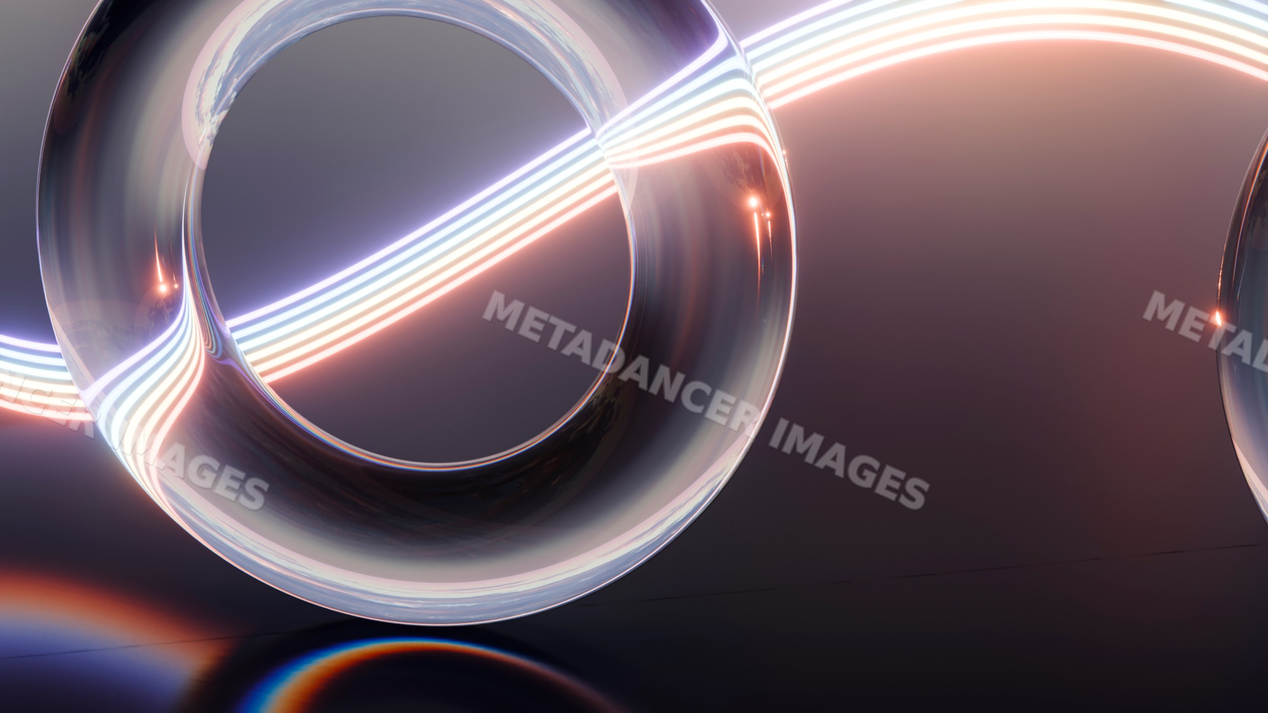 Transparent glass rings illuminated by neon light streaks