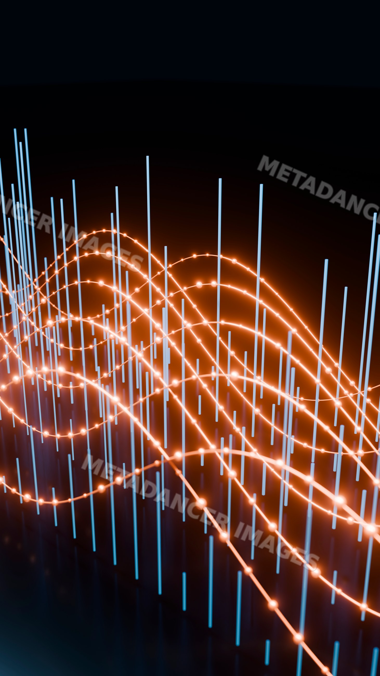 Digital data visualization with glowing orange waves and blue vertical