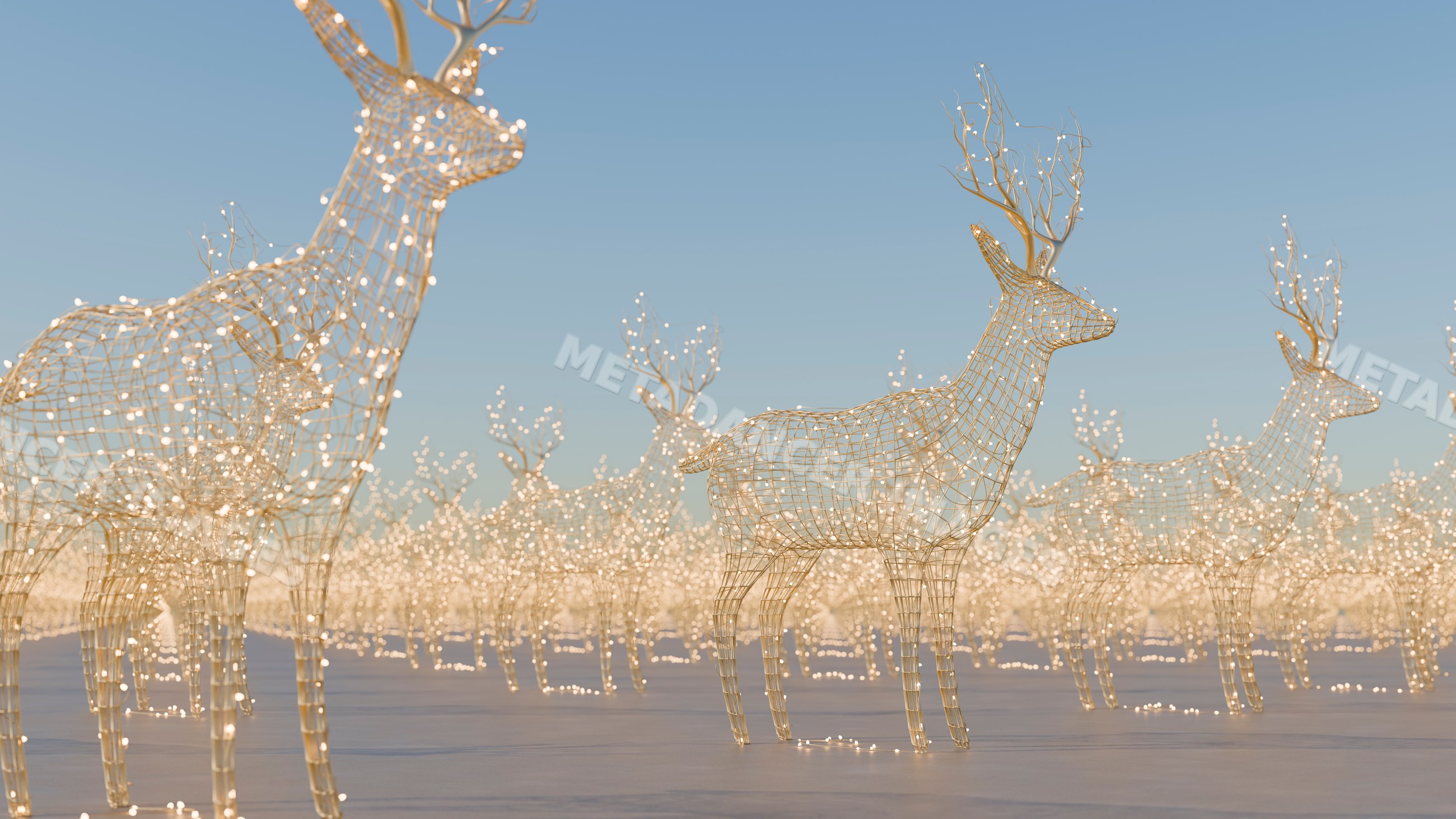 Wireframe reindeer holiday light sculptures in outdoor winter display