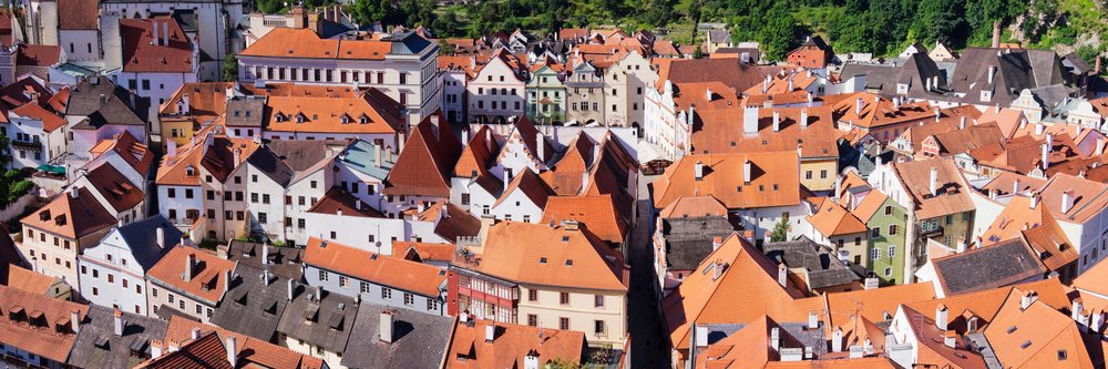 Aerial view of cesky krumlov rooftops, czech republic