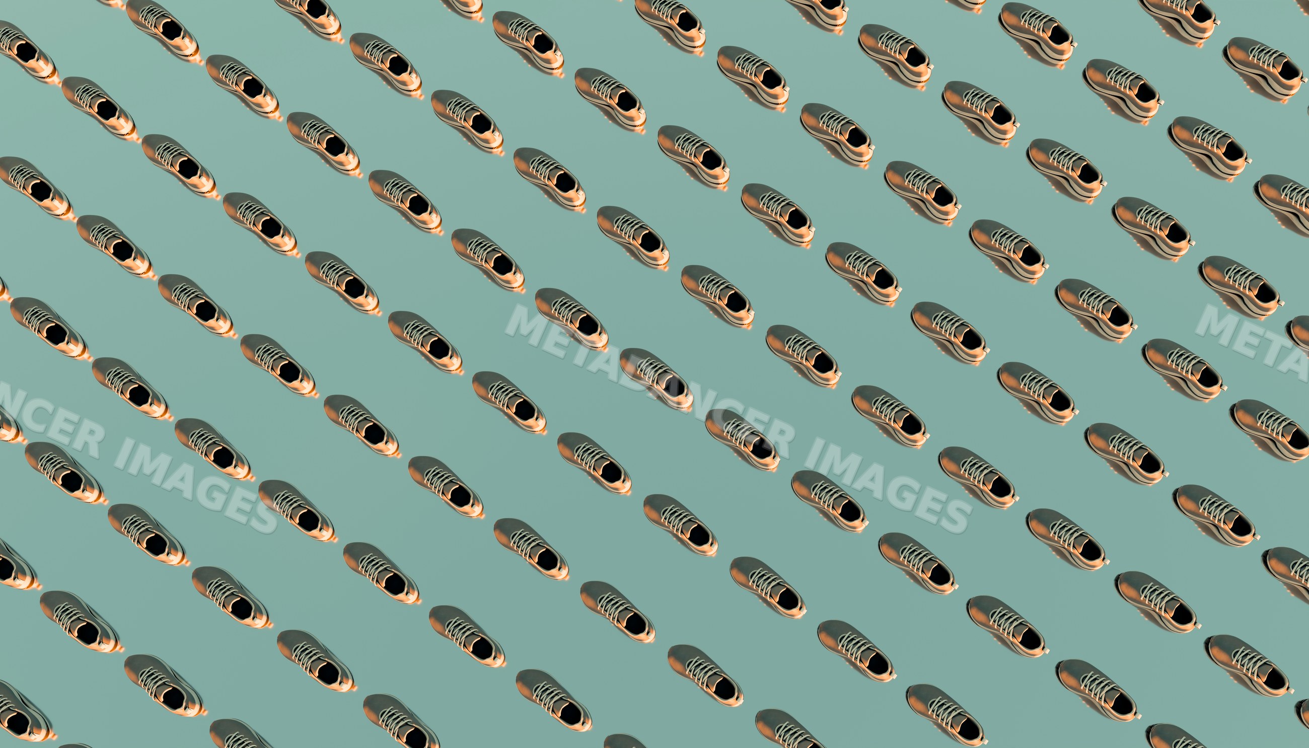 Shoes arranged in diagonal repetitive pattern on light teal background