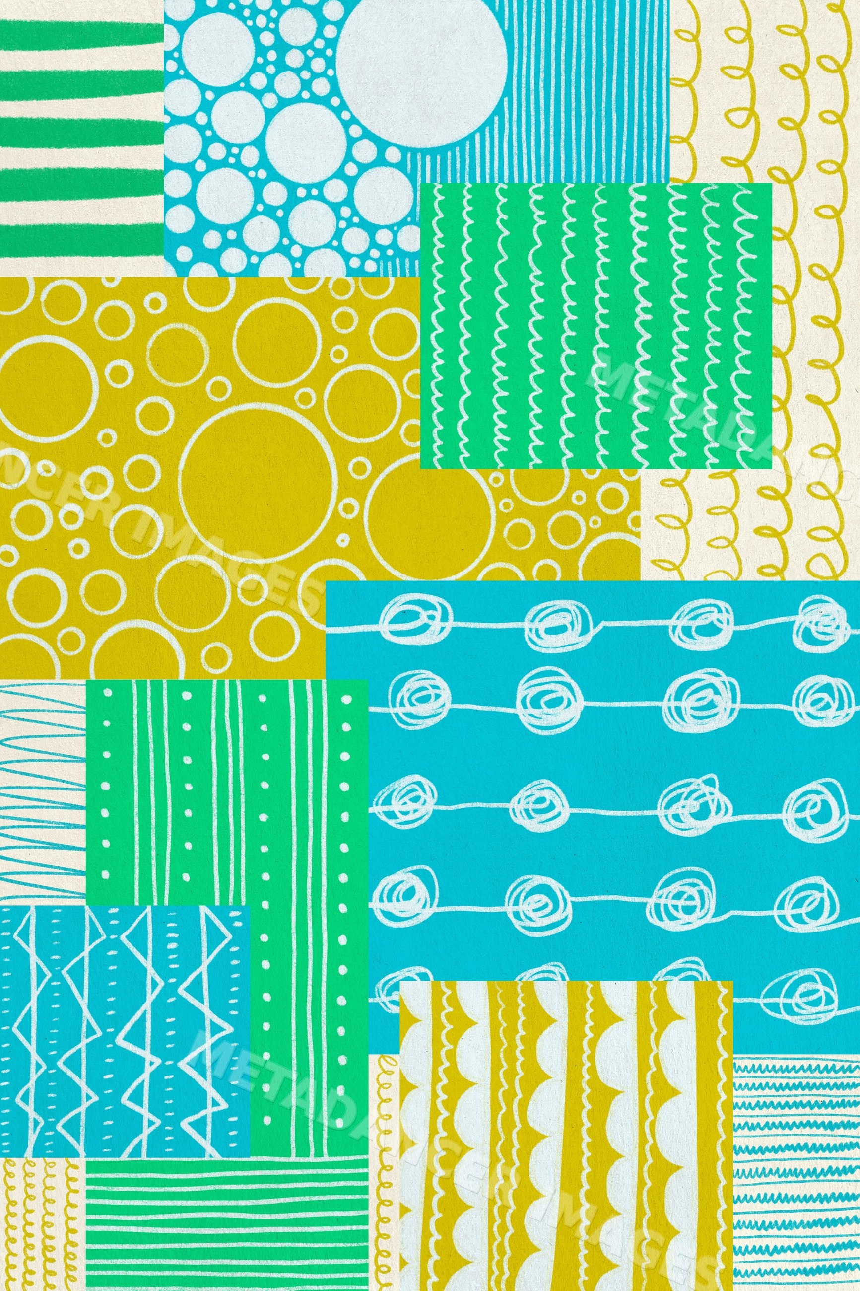 Illustration of colorful geometric patterns with circles and stripes