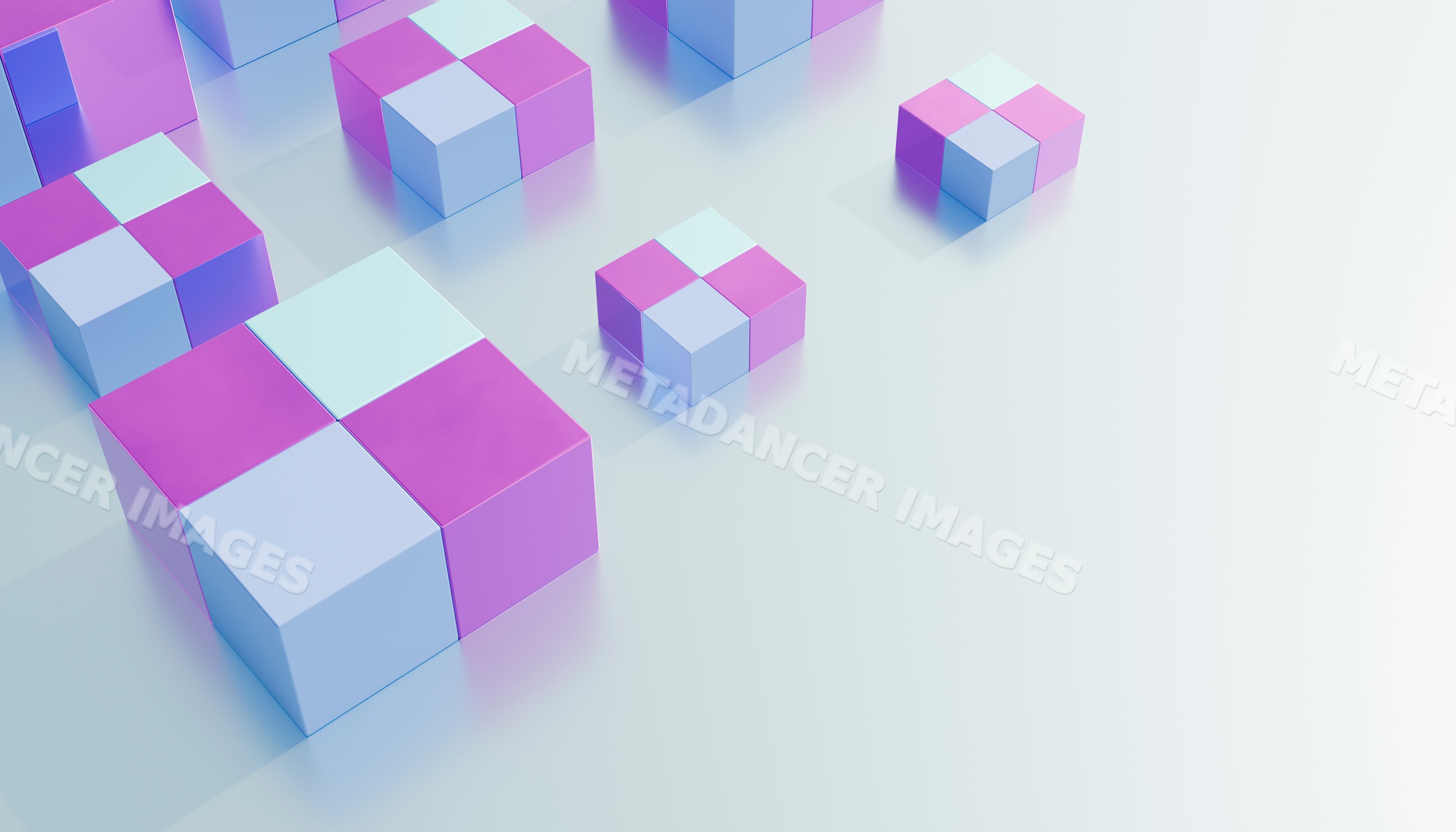 3d arrangement of purple and blue cubes on a reflective minimalist