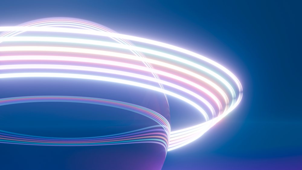 Digital illustration of glowing neon light rings on blue background