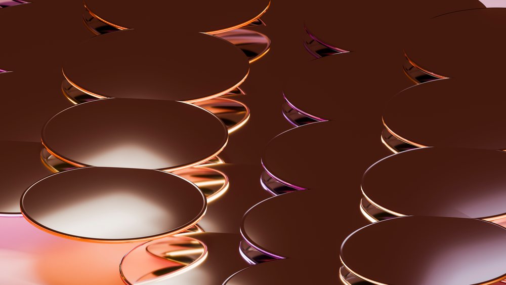 Stacked golden reflective discs in symmetrical abstract pattern