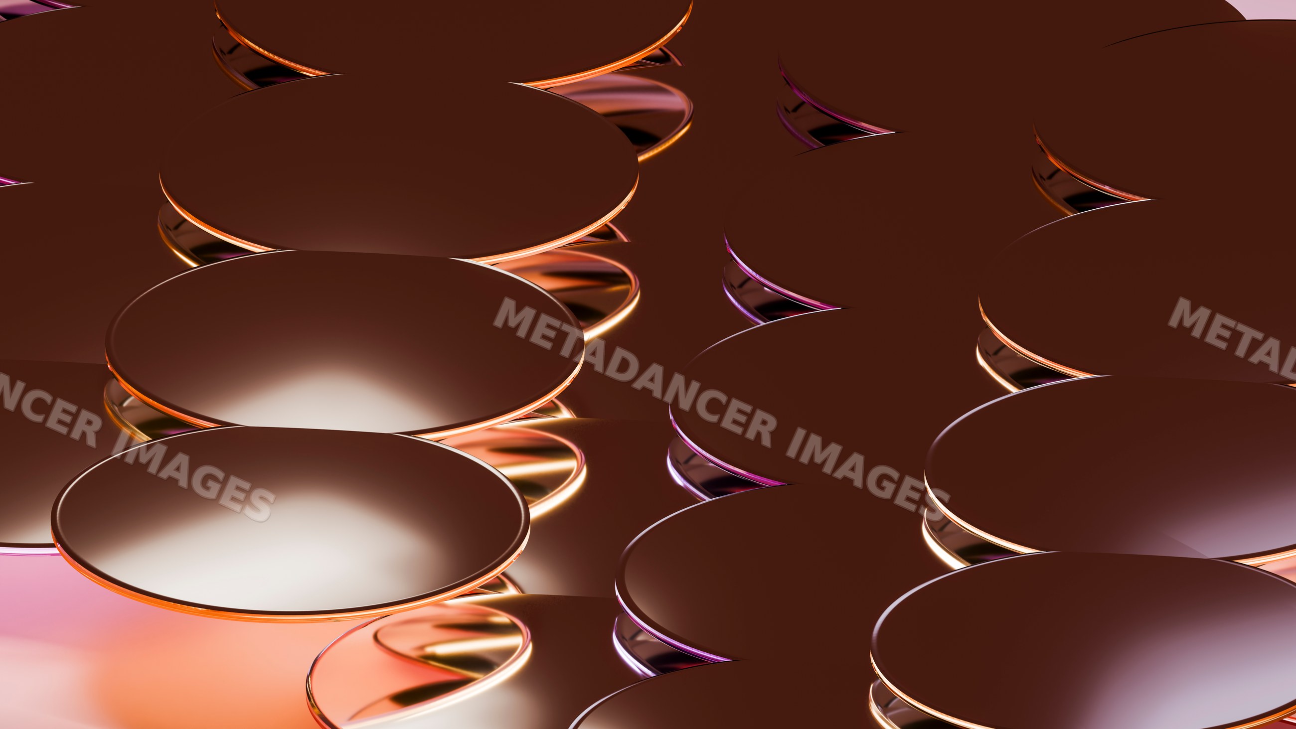 Stacked golden reflective discs in symmetrical abstract pattern