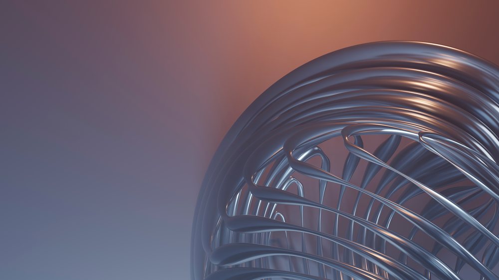 Abstract metallic curved sculpture with blue steel and orange lighting