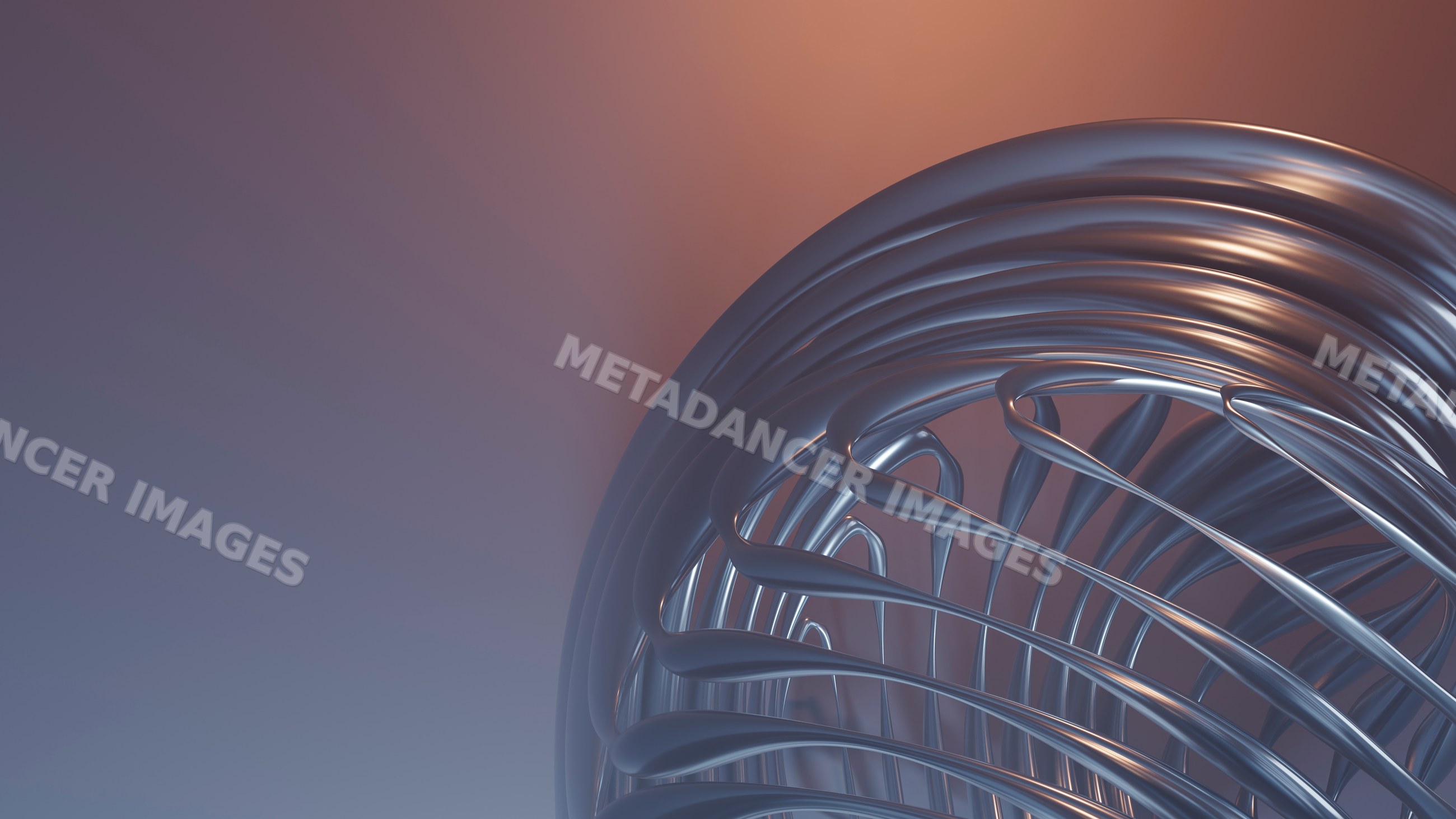 Abstract metallic curved sculpture with blue steel and orange lighting