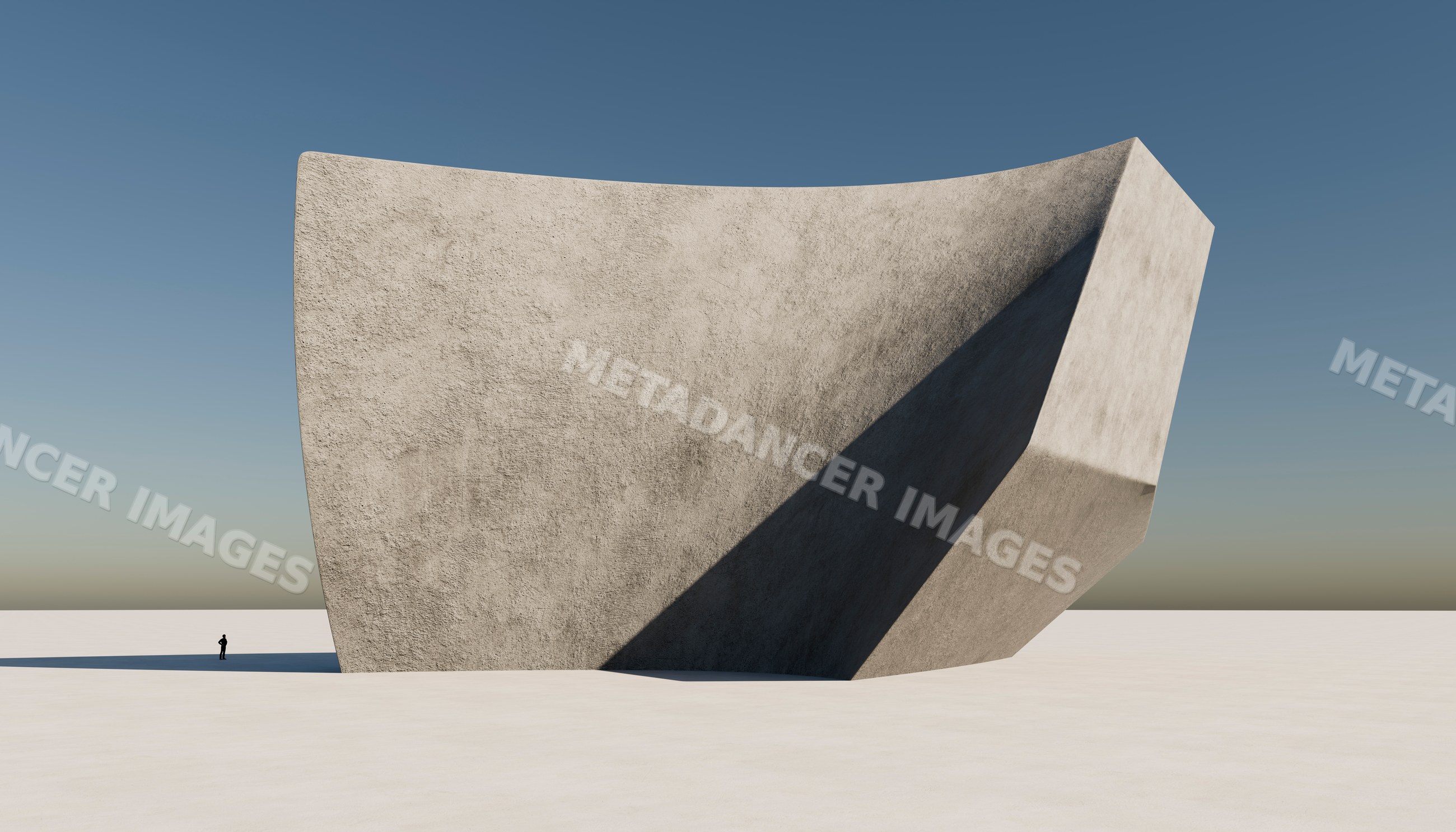 A person stands beside a large abstract concrete architectural