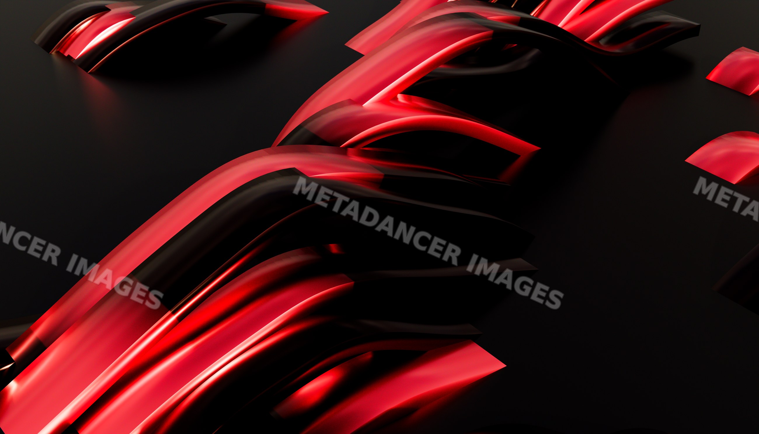 Abstract 3d rendering with flowing red and black curved shapes on dark