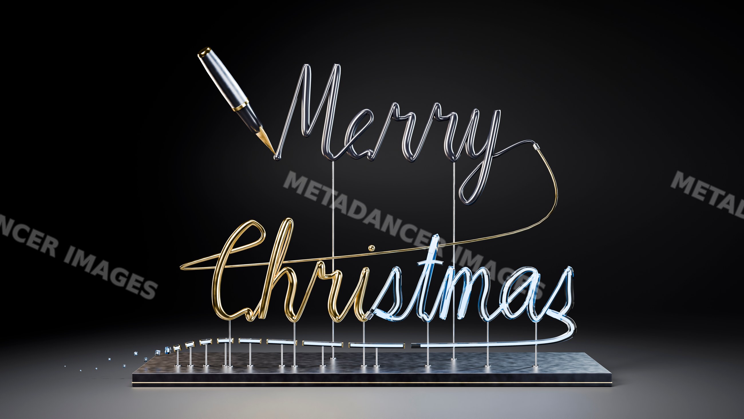 Merry christmas wire script with pen tip on black background
