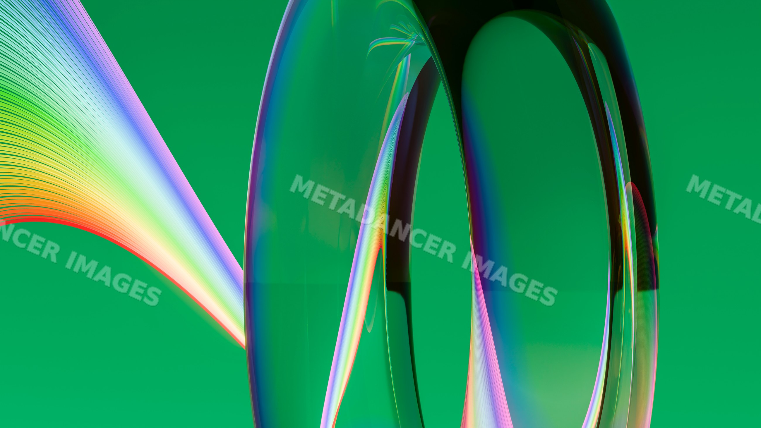 Abstract colorful 3d rings with light waves on green background