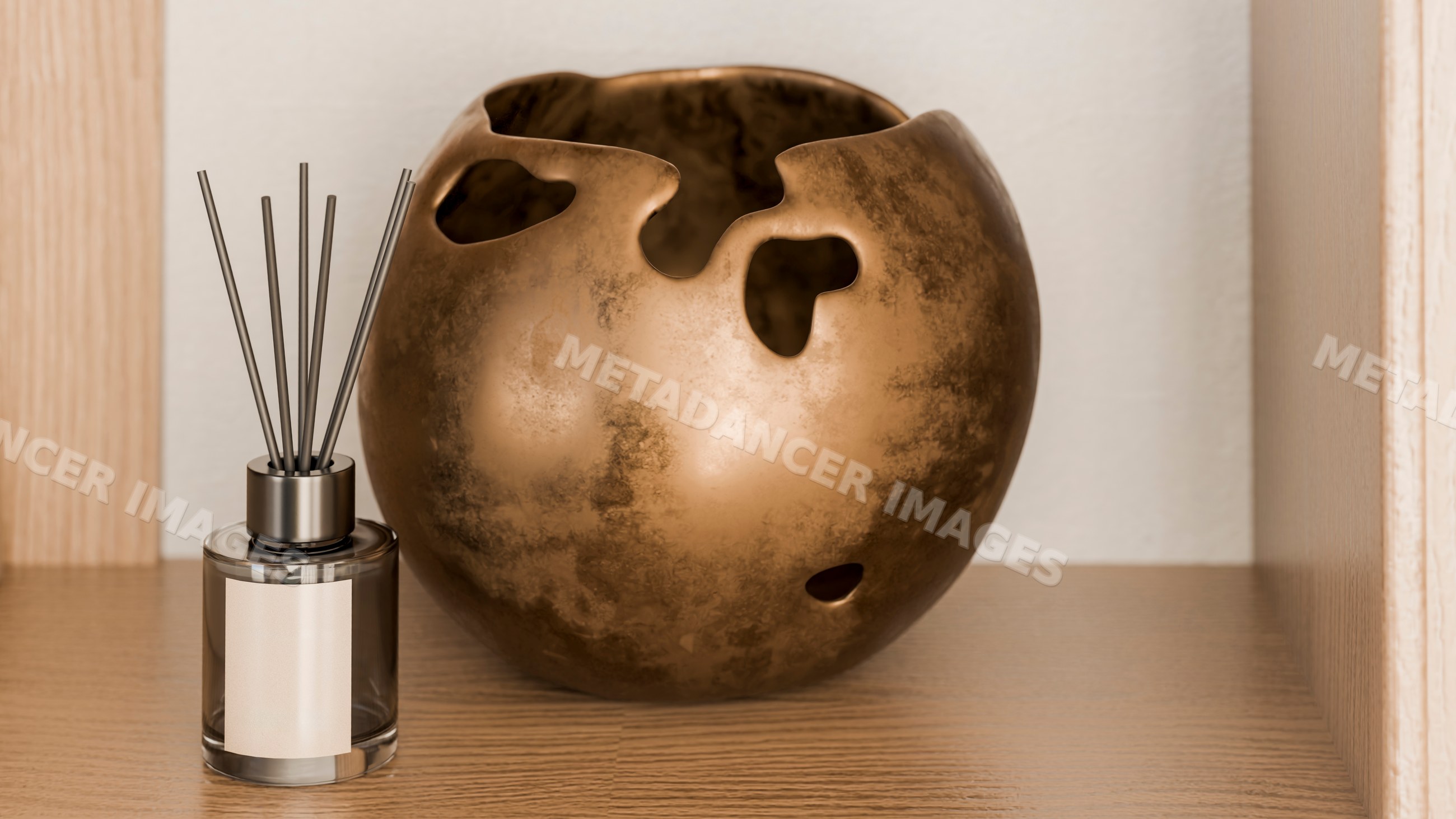 Decorative ceramic vase with reed diffuser on wooden shelf