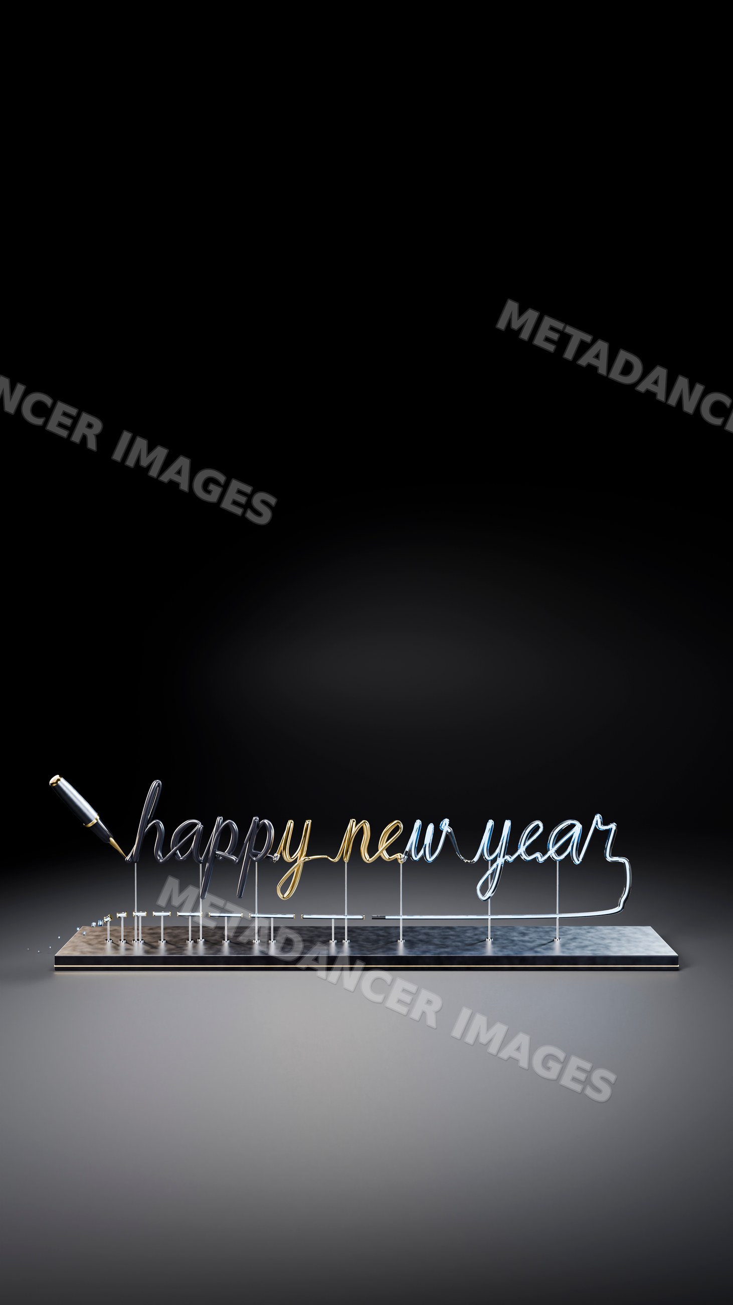 Happy new year wire script with pen on metal stand