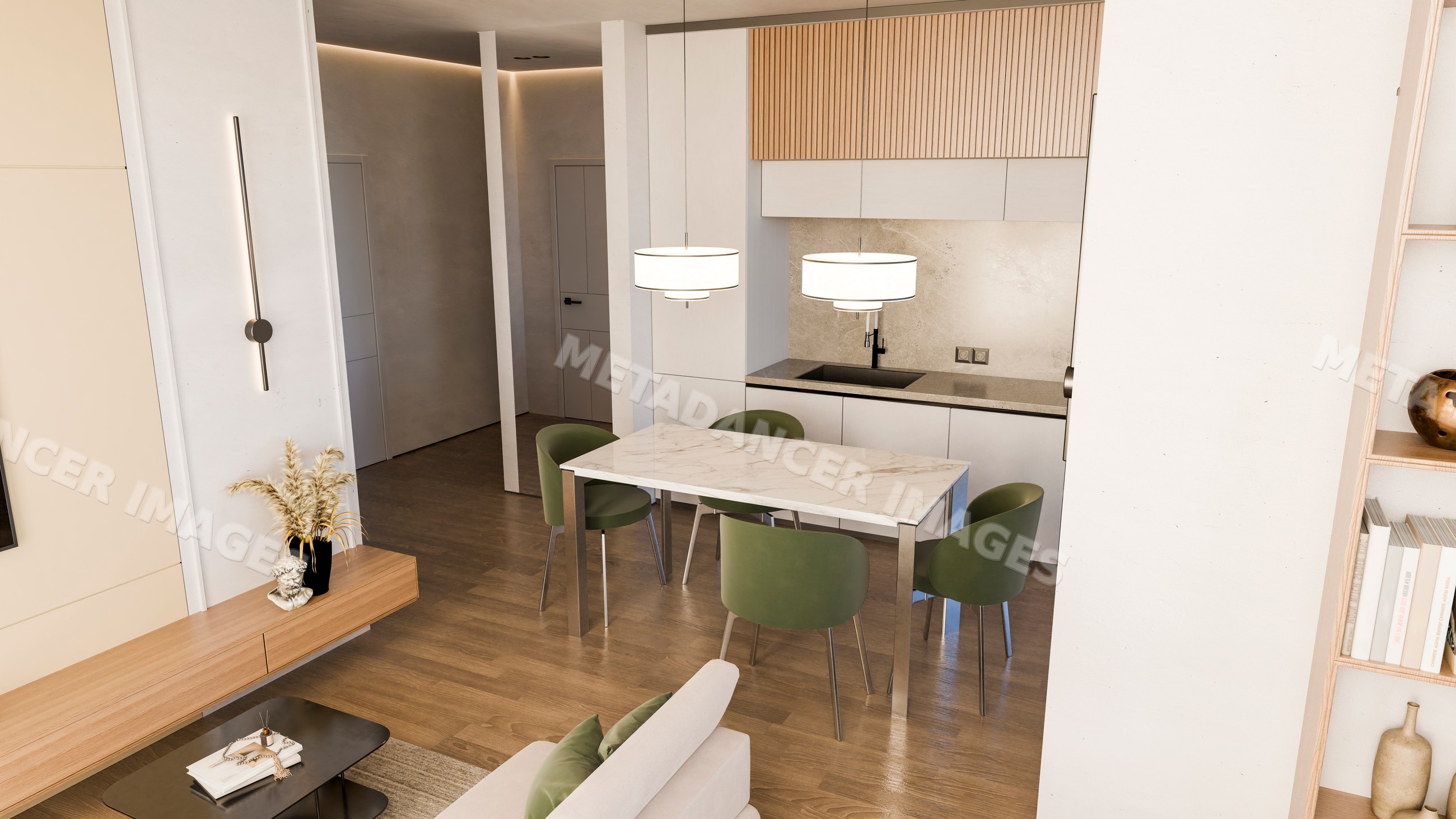 Modern kitchen dining area with marble table and green chairs