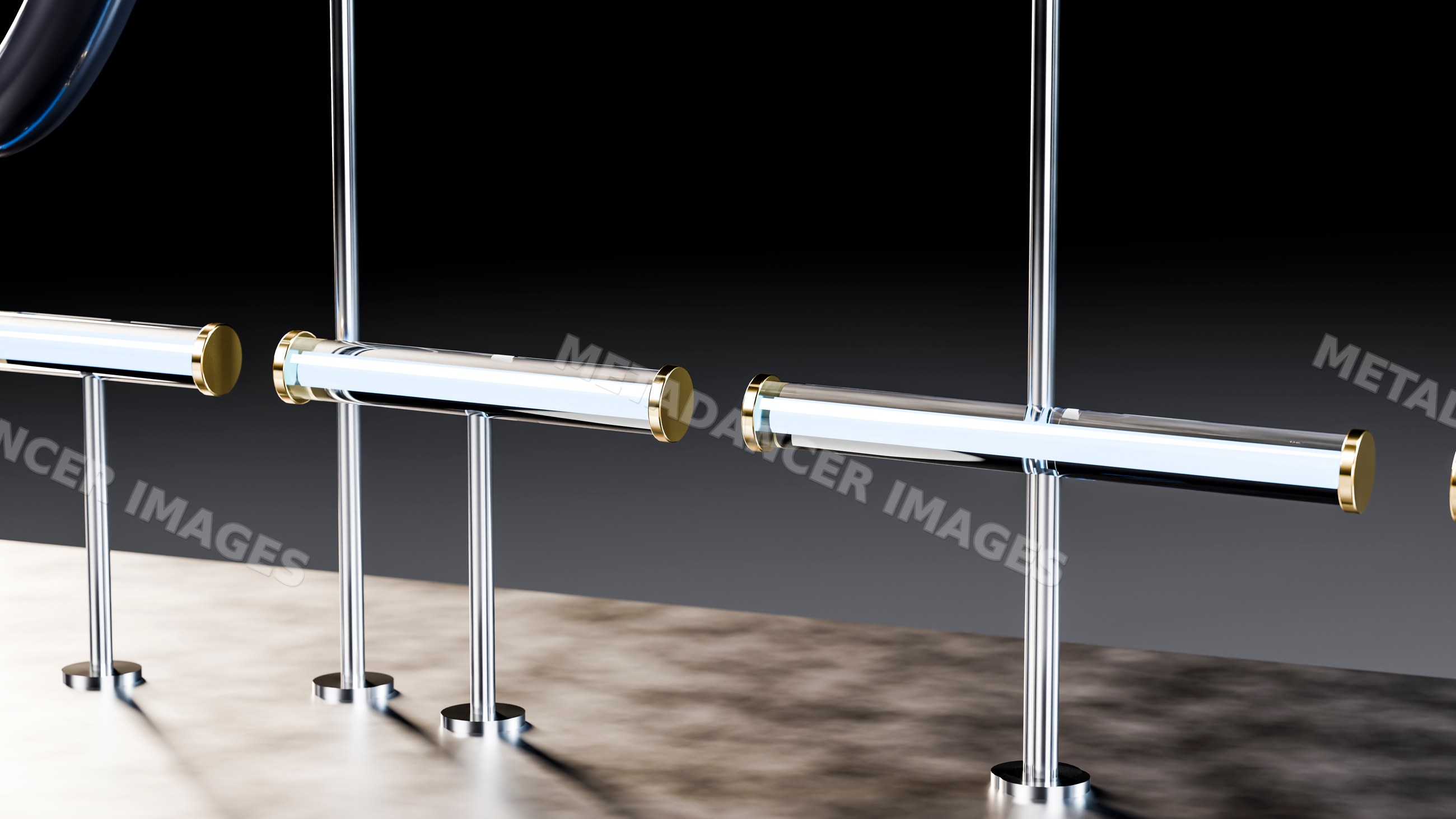 Metal railing with gold-accented horizontal handrails and vertical