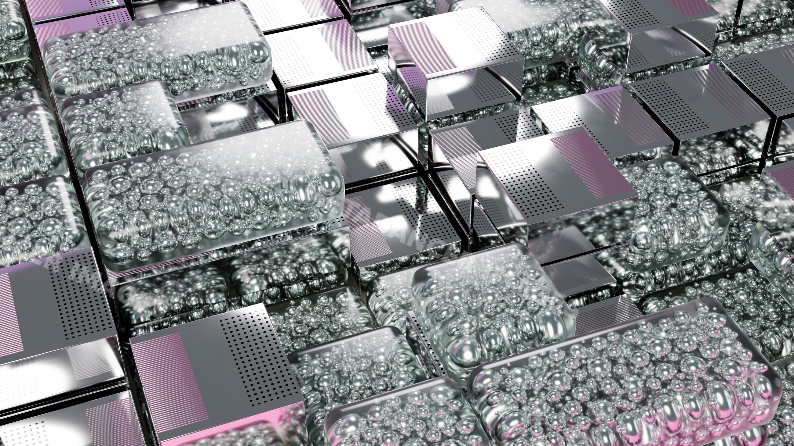 Abstract digital illustration of metallic cubes and bubbled glass