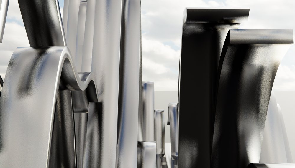 Abstract modern metal sculpture with curved black and silver shapes