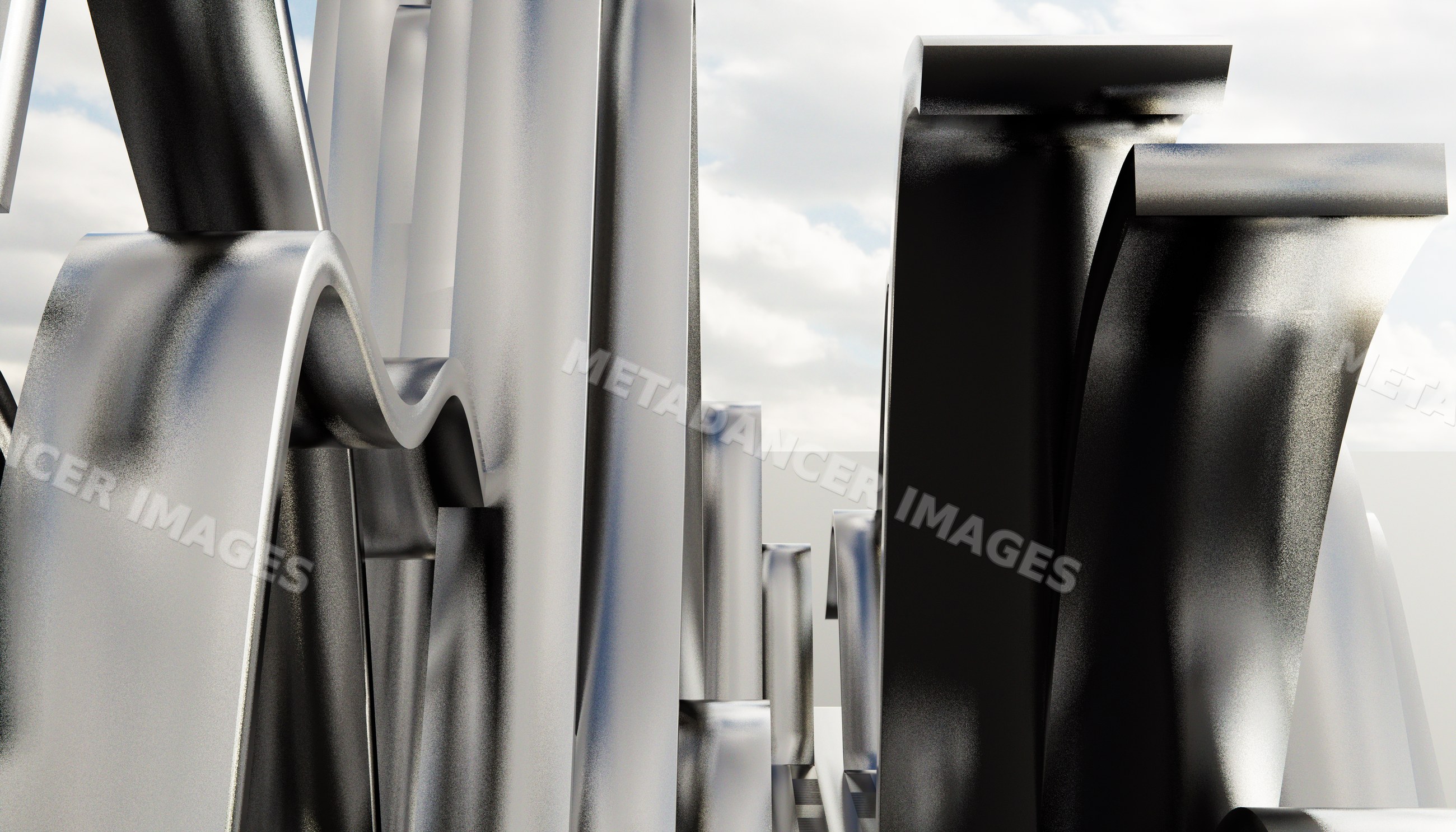 Abstract modern metal sculpture with curved black and silver shapes