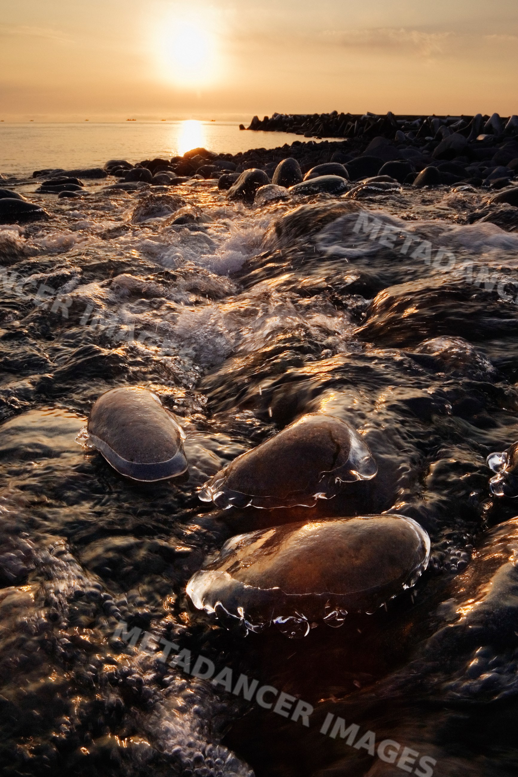 Sunset over rocky shoreline with waves, japan