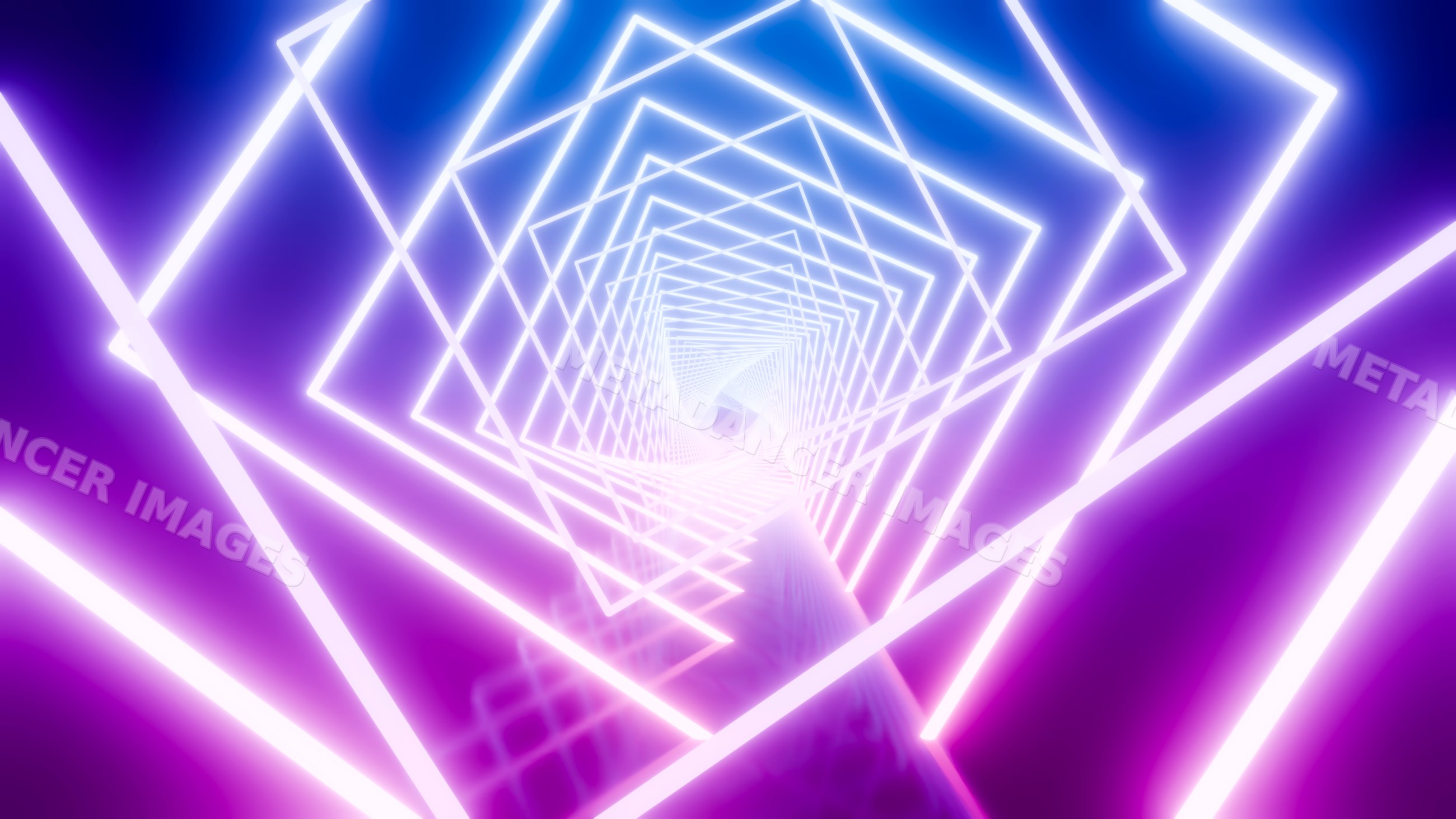 Glowing neon spiral tunnel with purple and blue geometric lights