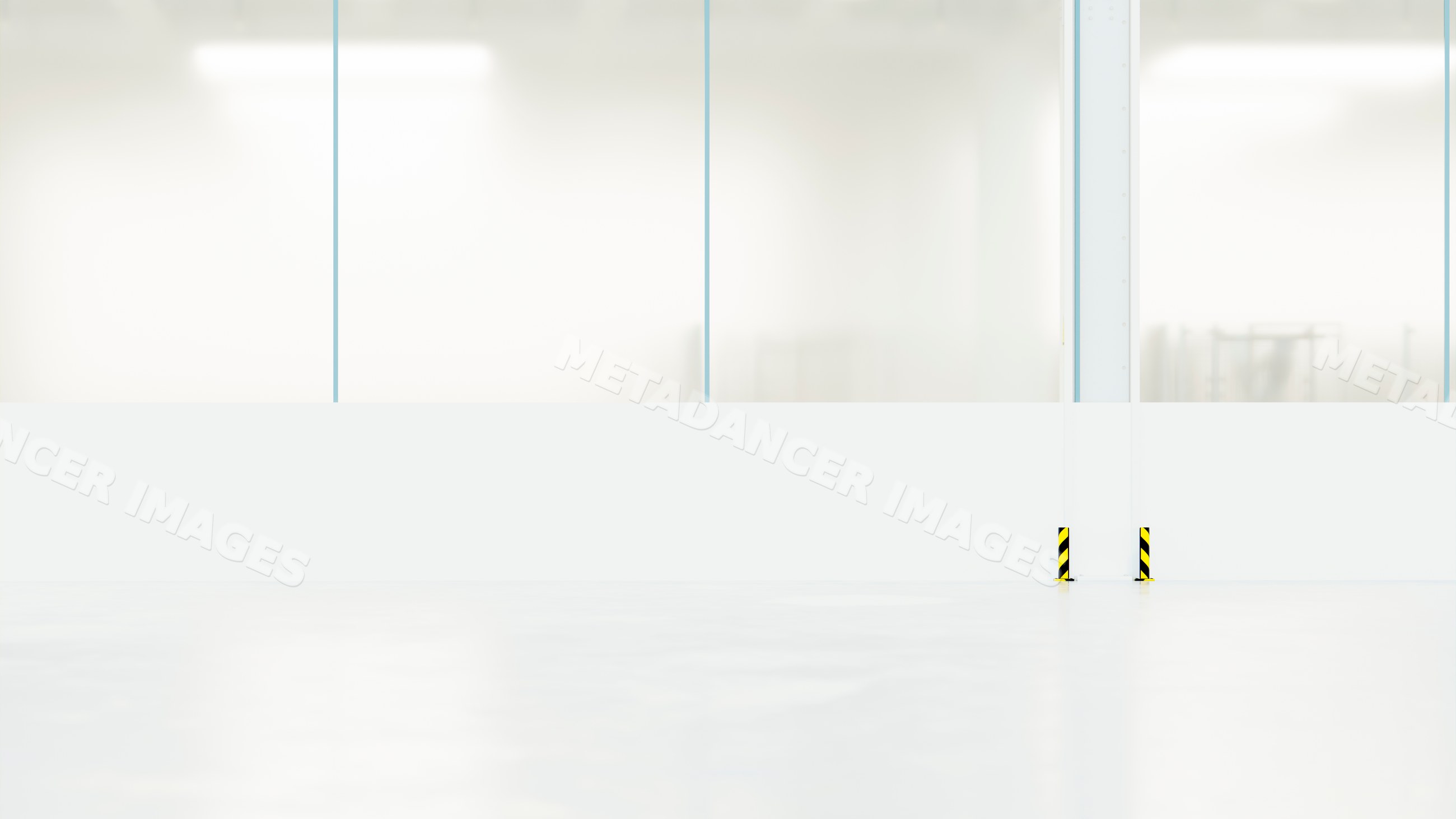 Empty car manufacturing factory floor with large windows and guards