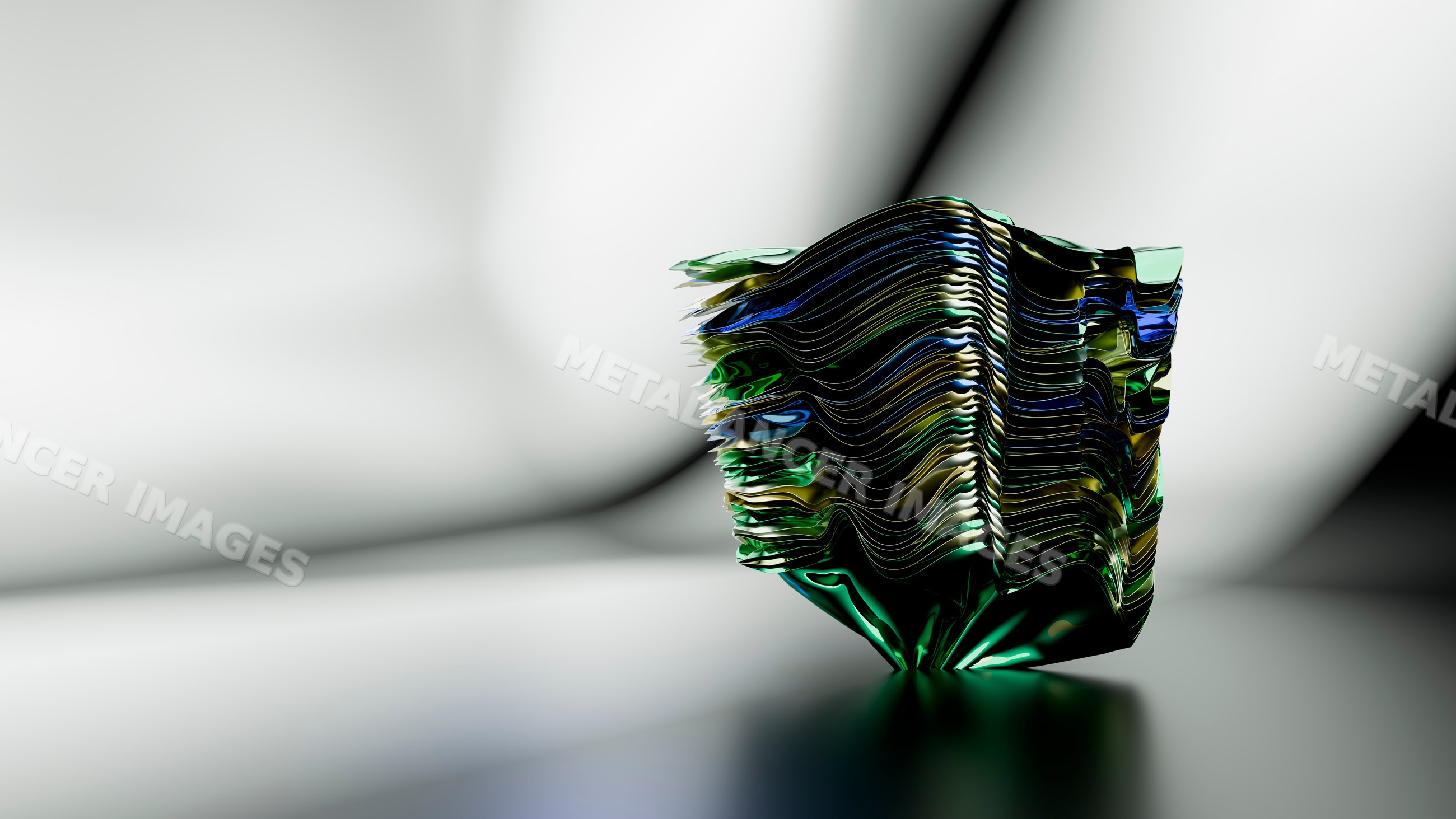 Abstract sculpture with colorful layered waves on smooth studio