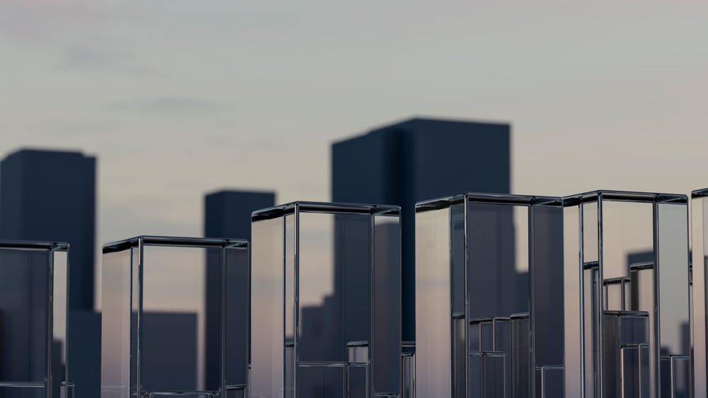 Glass block urban structures at sunset cityscape