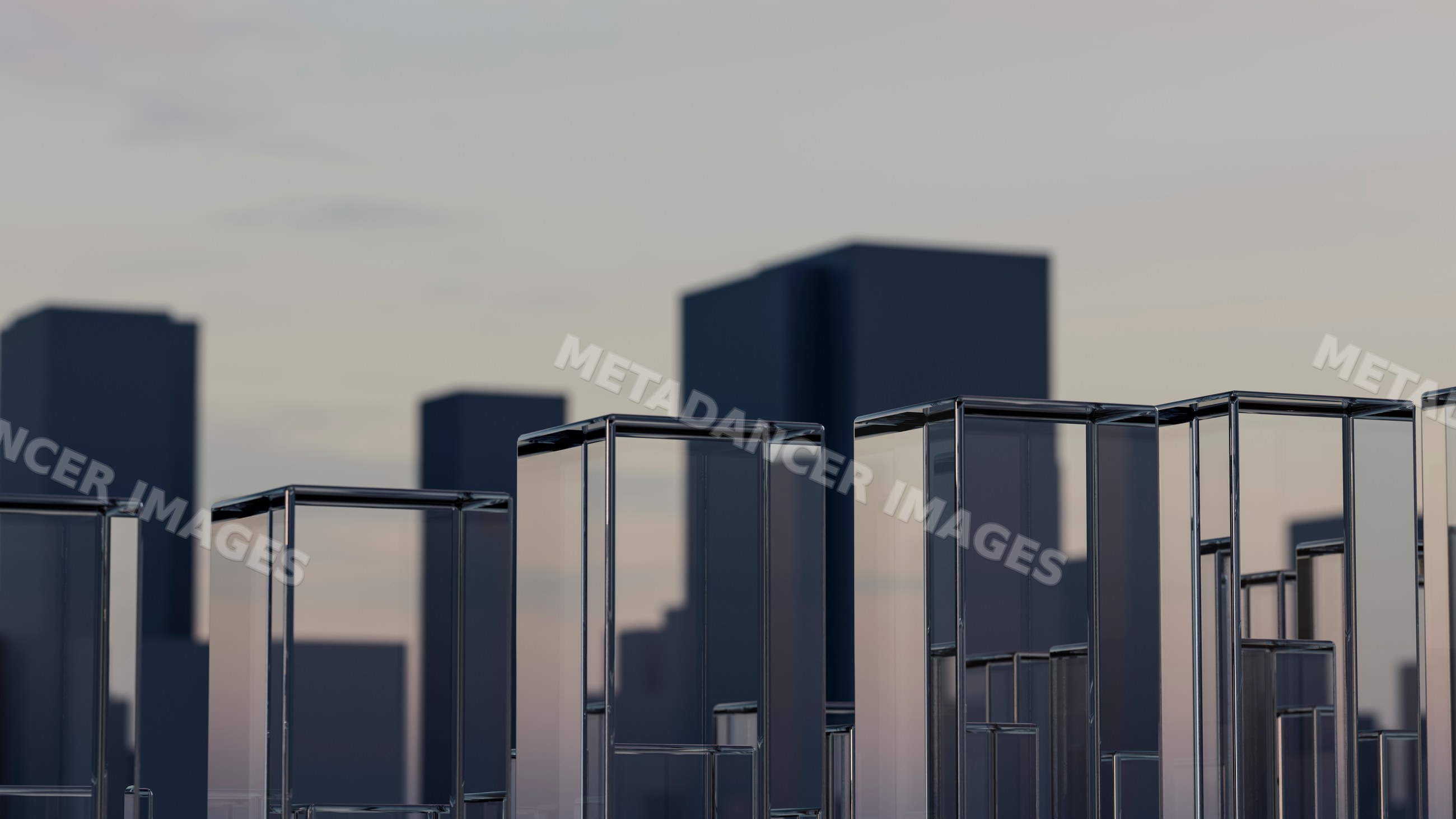 Glass block urban structures at sunset cityscape