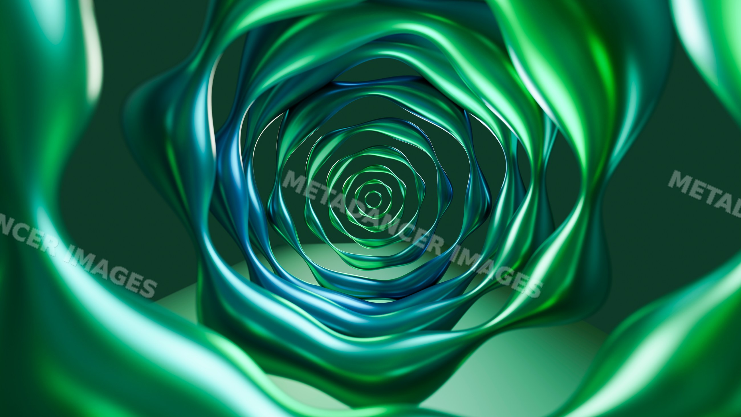 Abstract 3d digital art of twisted concentric green and blue rings
