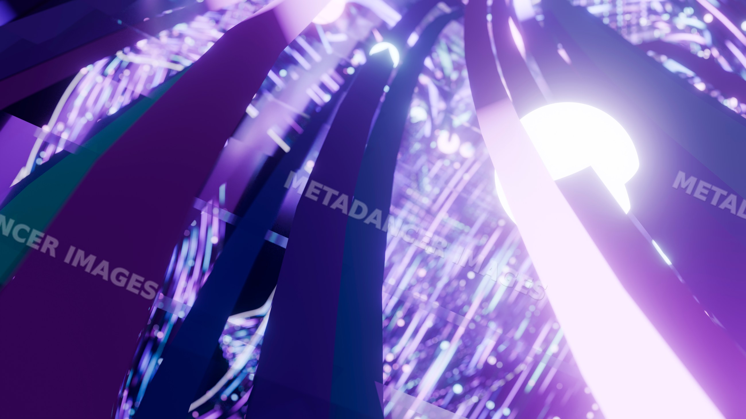 Abstract digital illustration with glowing purple beams and geometric