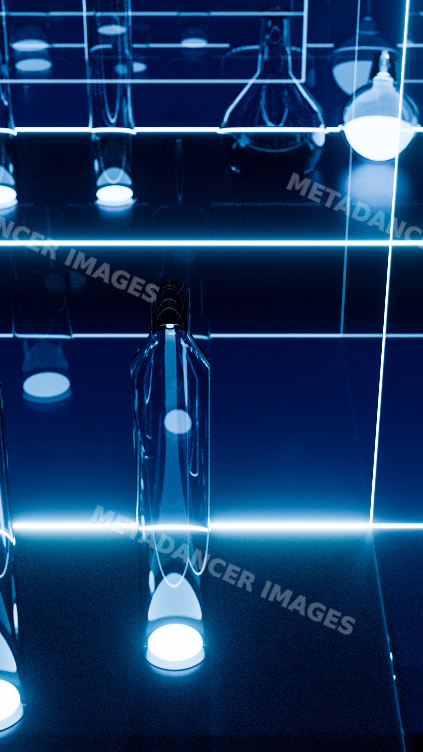 Glass bottle reflecting blue neon lights in dark studio environment