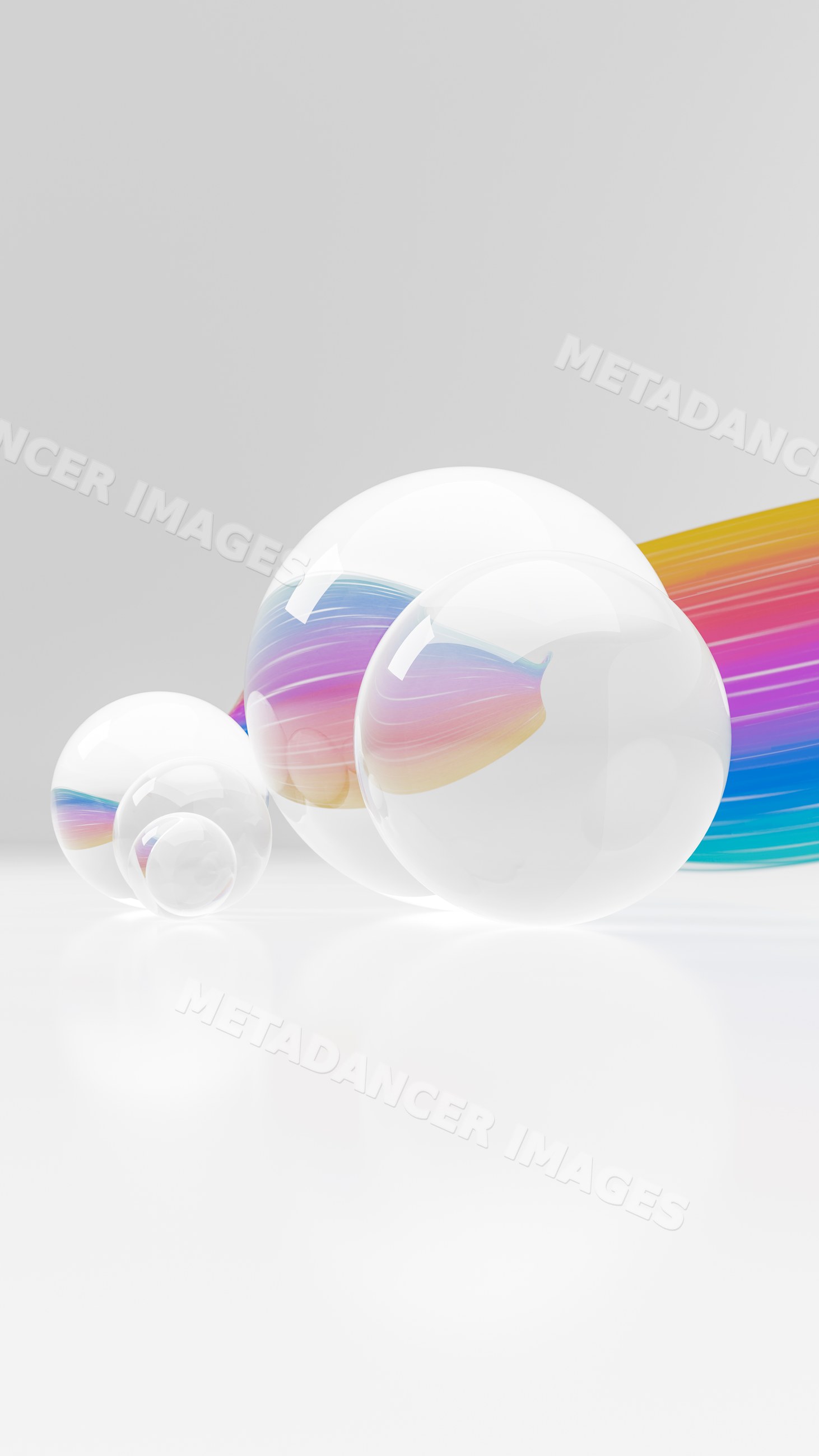 Transparent glass spheres with vibrant rainbow streak on white surface