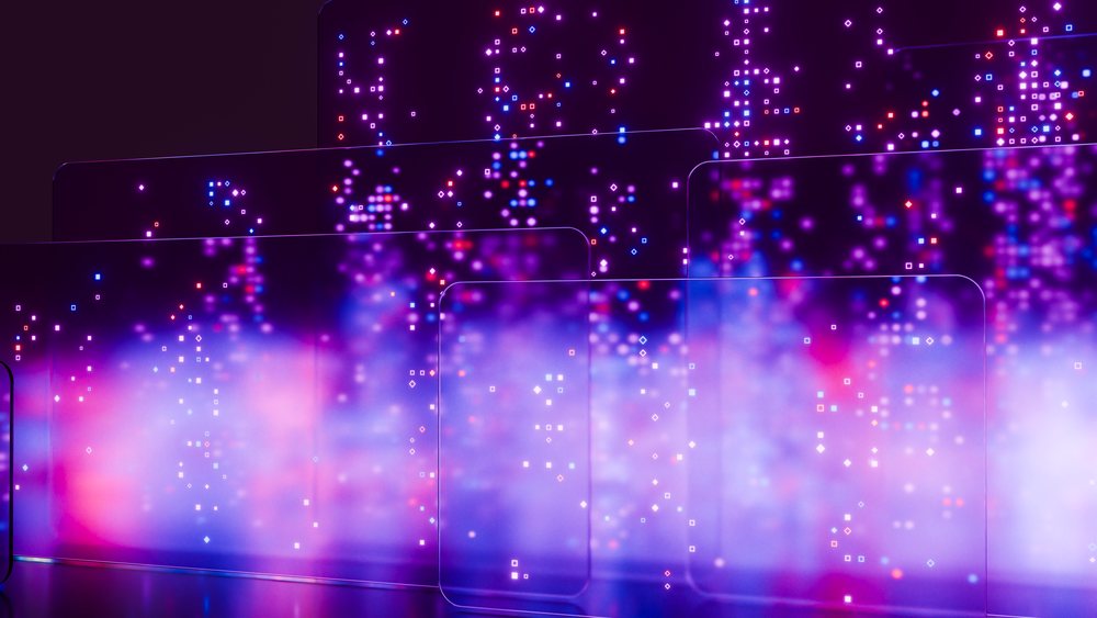 Digital screens with colorful lights and abstract data visualization
