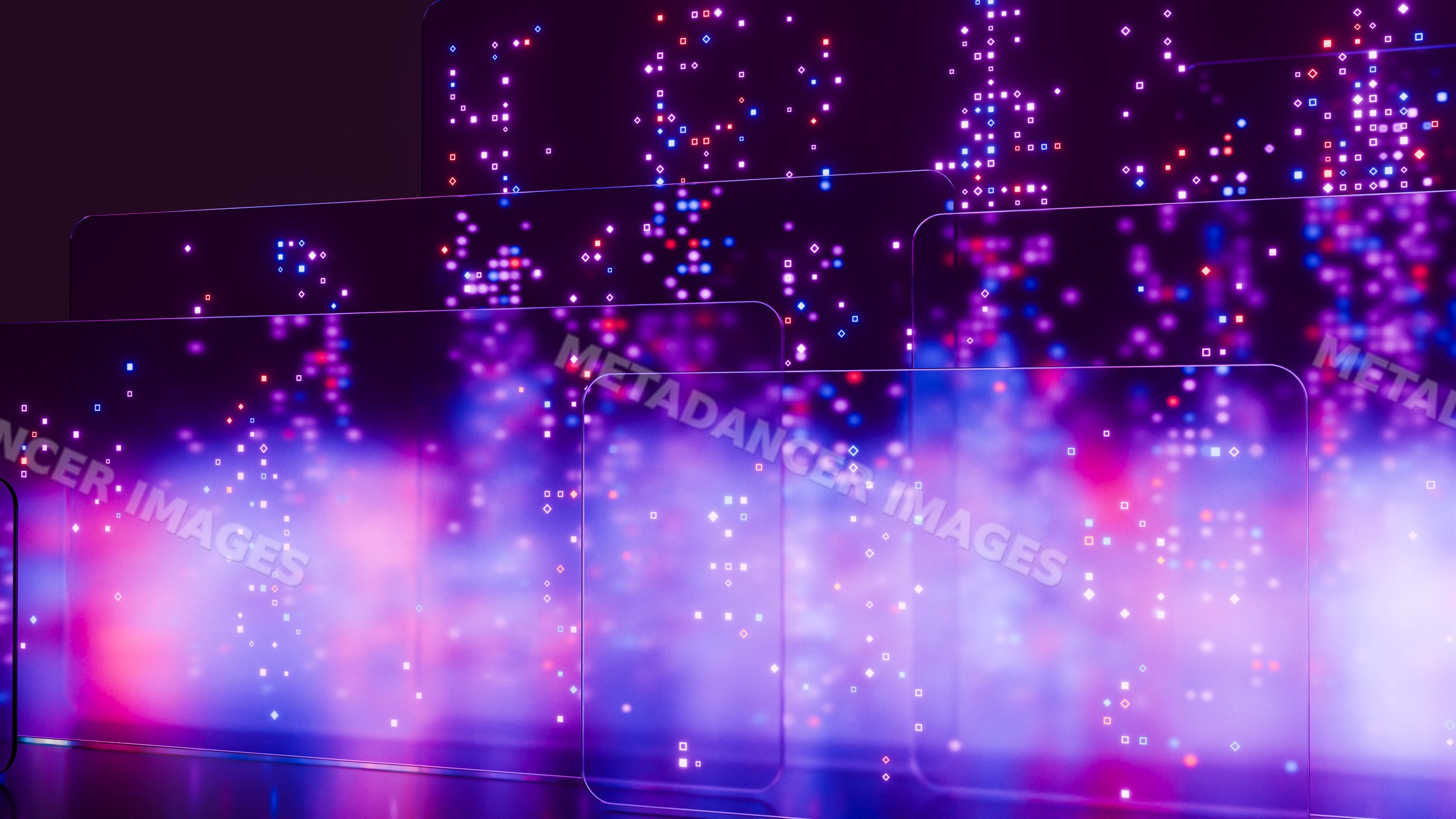 Digital screens with colorful lights and abstract data visualization