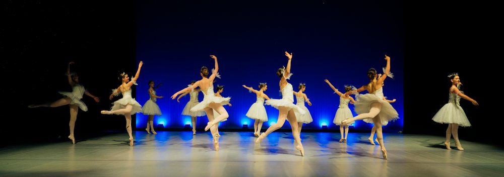 Female ballet dancers perform a classical ballet on stage