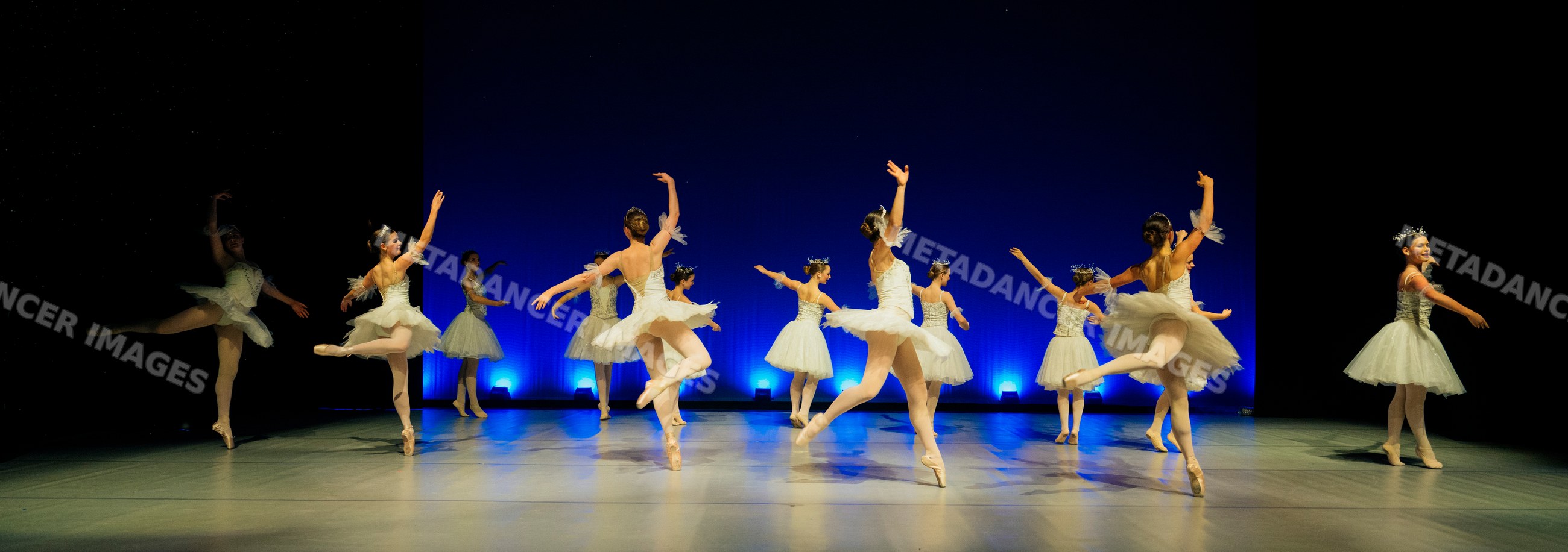 Female ballet dancers perform a classical ballet on stage