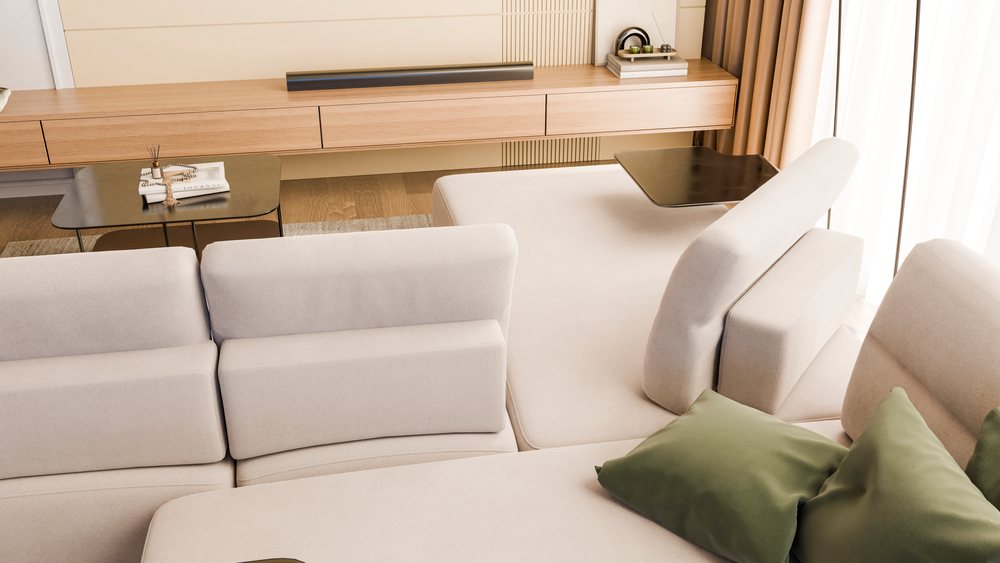 Modern living room with beige sofa and minimalist furniture