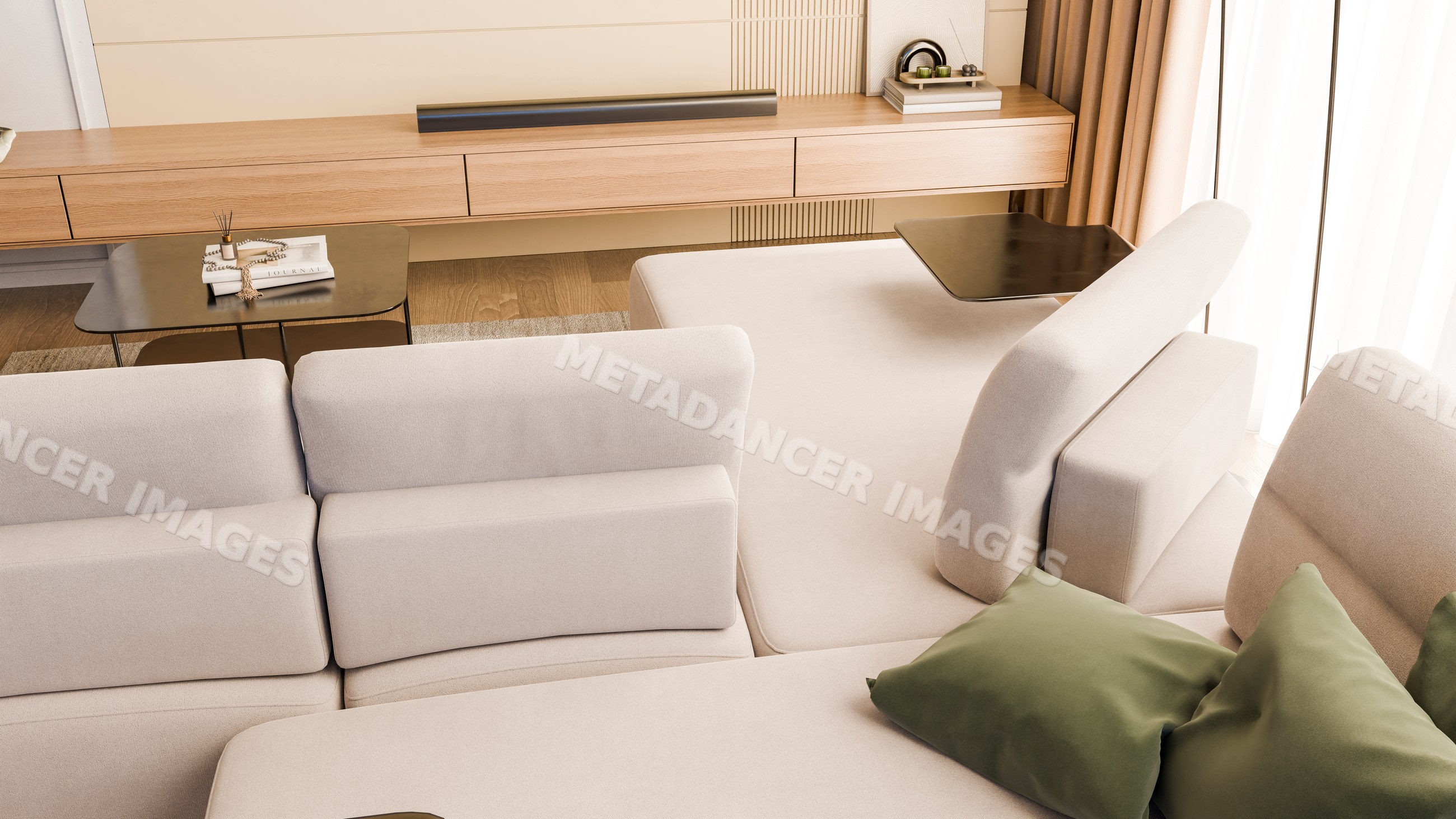 Modern living room with beige sofa and minimalist furniture